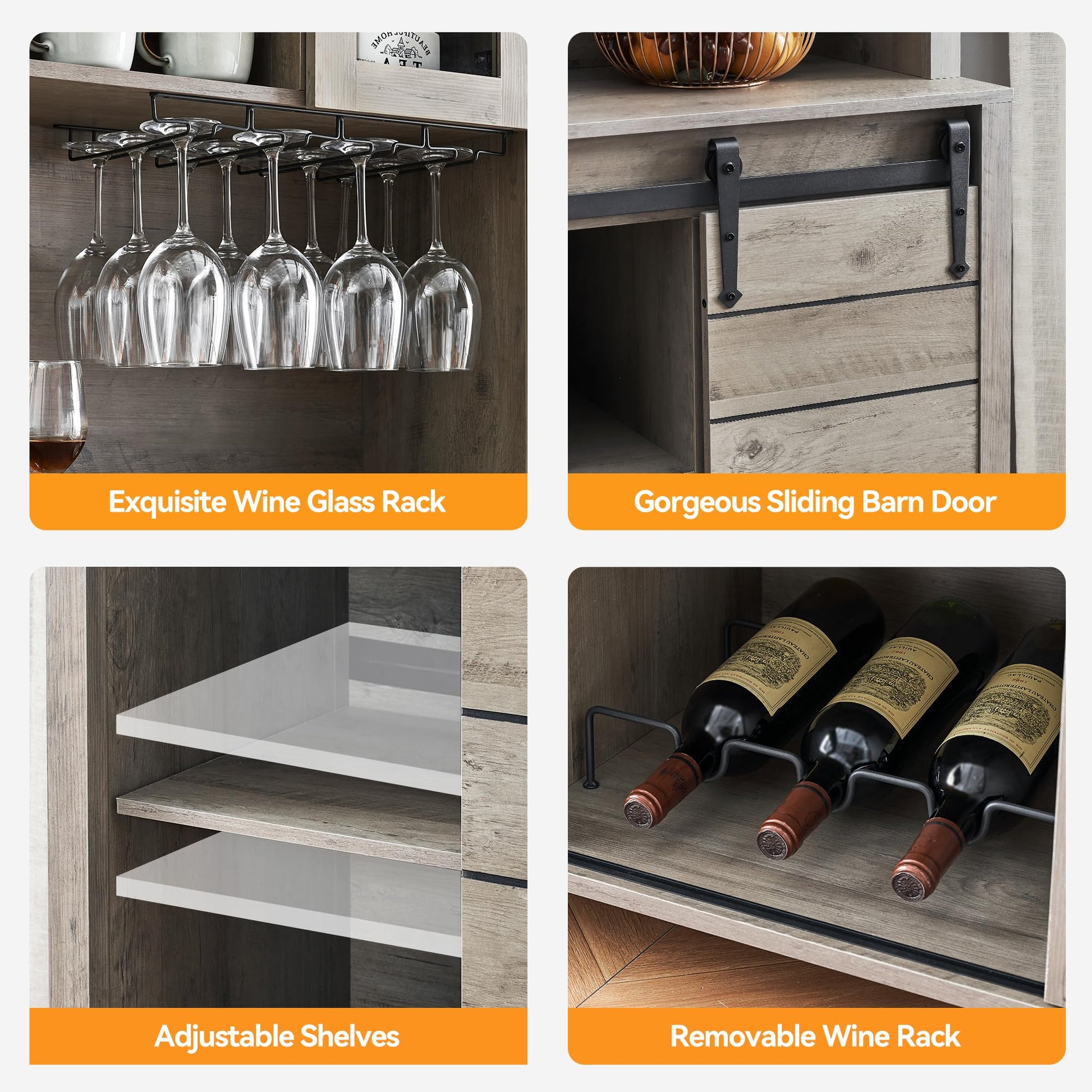 Garvee 70'' Wine Coffee Bar Cabinet with Storage Hutch, Tall Kitchen Pantry Liquor Cabinet with Sliding Barn Doors, Bottle Glasses Rack, Farmhouse Buffet for Home Dining Room, Grey