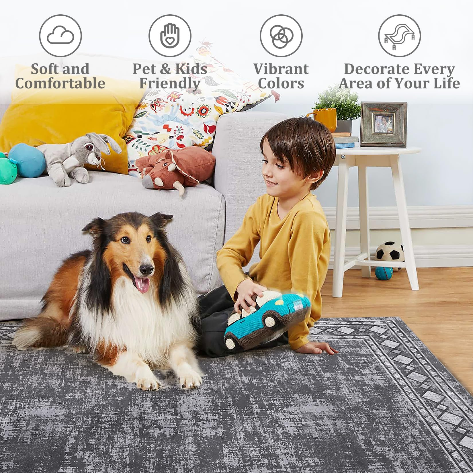 Garvee Bordered Grey 4x6 Machine Washable for Living Room Modern Area Rug, Non-Slip Stain Resistant Accent Rug Indoor Minimalist Border Floor Cover Carpet for Bedroom