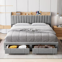 Garvee King Size Bed Frame with Storage Headboard and Charging Station, Upholstered Platform Bed Frame with Drawer, Mattress Foundation with Solid Wooden Slats Support, No Box Spring Needed, Light Grey