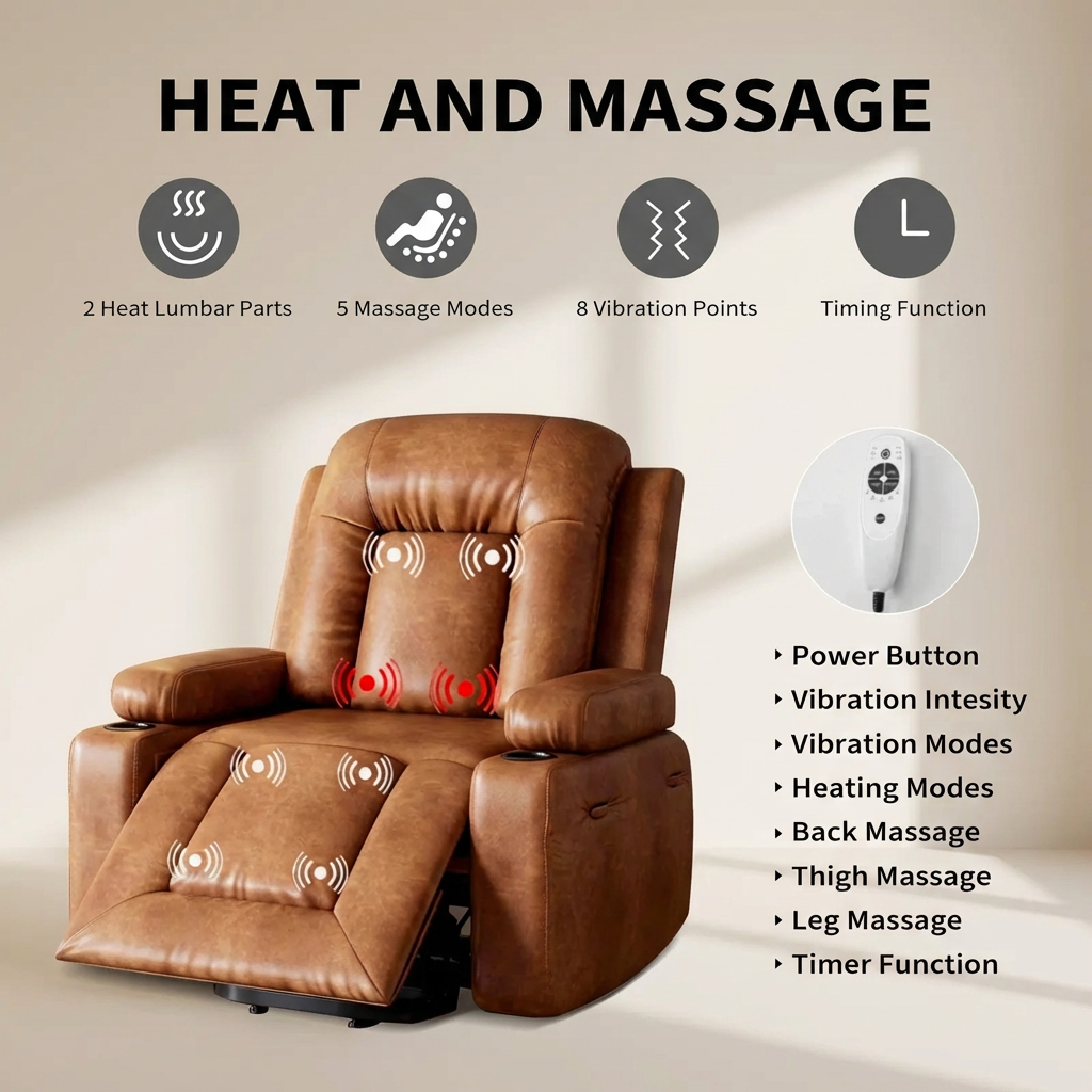 Garvee Power Lift Recliner Chair - Heat and Massage, Adjustable Back and Legs, PU Leather Electric Lift Chair Designed for Mobility Aid Elderly Relaxation, Brown