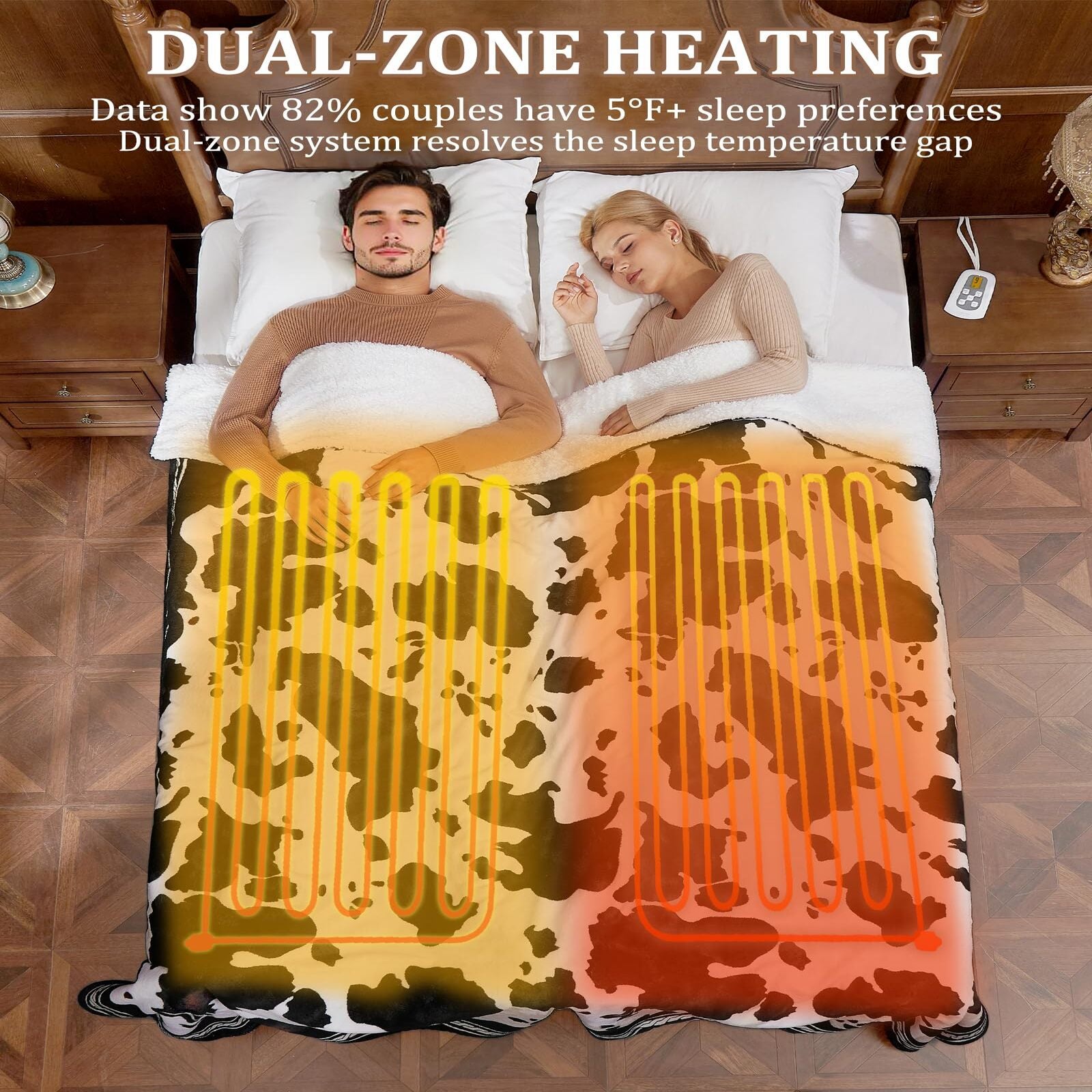 Garvee Heated Electric Blanket King Size with LCD Dual Controller, Cow Print Heating Blankets, 10 Heat Levels & 1-12H Time Settings, ETL Certified, Machine Washable, Brown Black, 100" x 90"