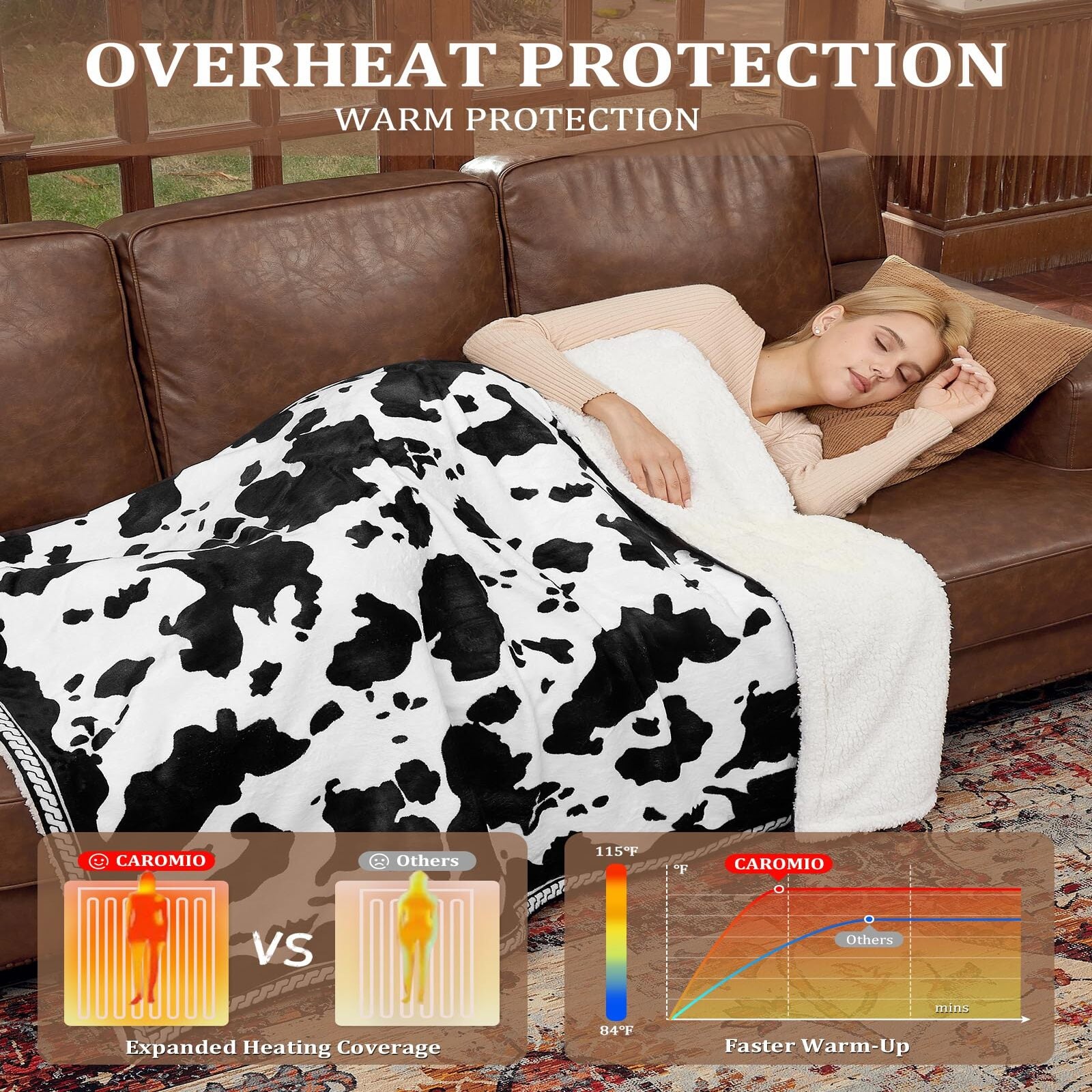 Garvee Heated Electric Blanket King Size with LCD Dual Controller, Cow Print Heating Blankets, 10 Heat Levels & 1-12H Time Settings, ETL Certified, Machine Washable, Brown Black, 100" x 90"
