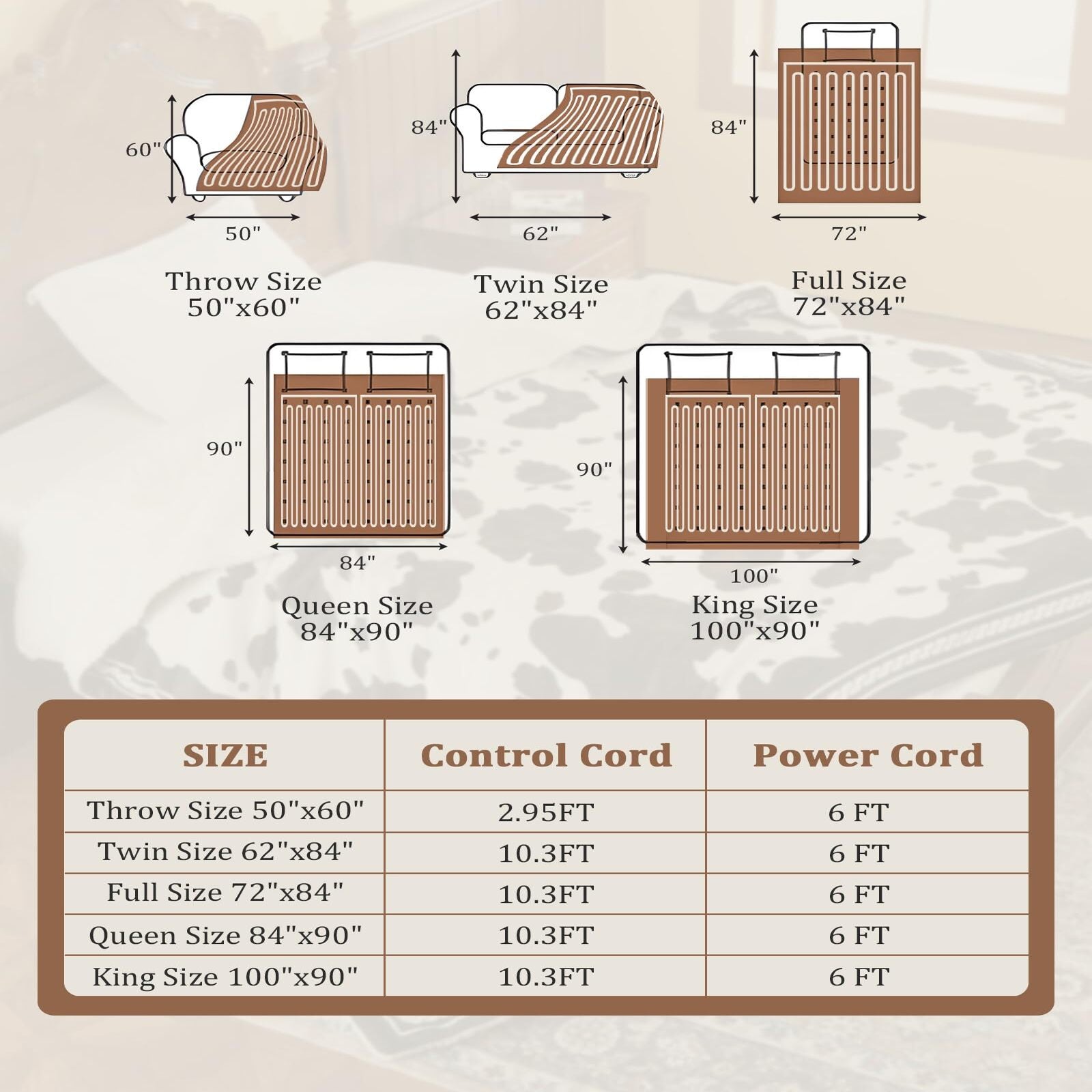 Garvee Heated Electric Blanket King Size with LCD Dual Controller, Cow Print Heating Blankets, 10 Heat Levels & 1-12H Time Settings, ETL Certified, Machine Washable, Brown Black, 100" x 90"