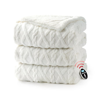 Garvee Electric Heated Blanket Wireless, King Size Electric Blanket with Dual Control, Fast Heating Blanket with 10 Heating& 10 Time Settings, Tufted Sherpa Heated Blanket, White, 90"x100"