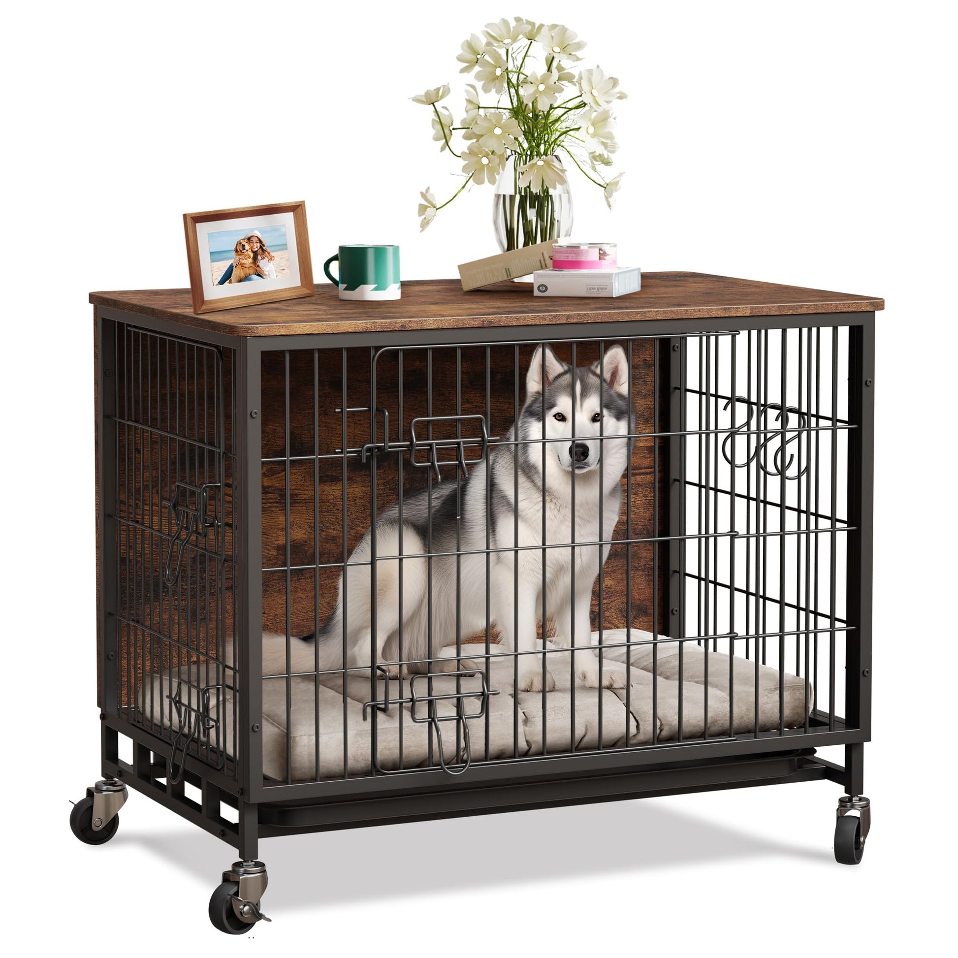 Garvee Dog Crate Furniture, Compact 27.2" Small Dog Dual-Entry Kennel Meets Elegant End Table, Effortless Maintenance, Chew-Resistant, Easy Mobility for Cozy Spaces, Brown