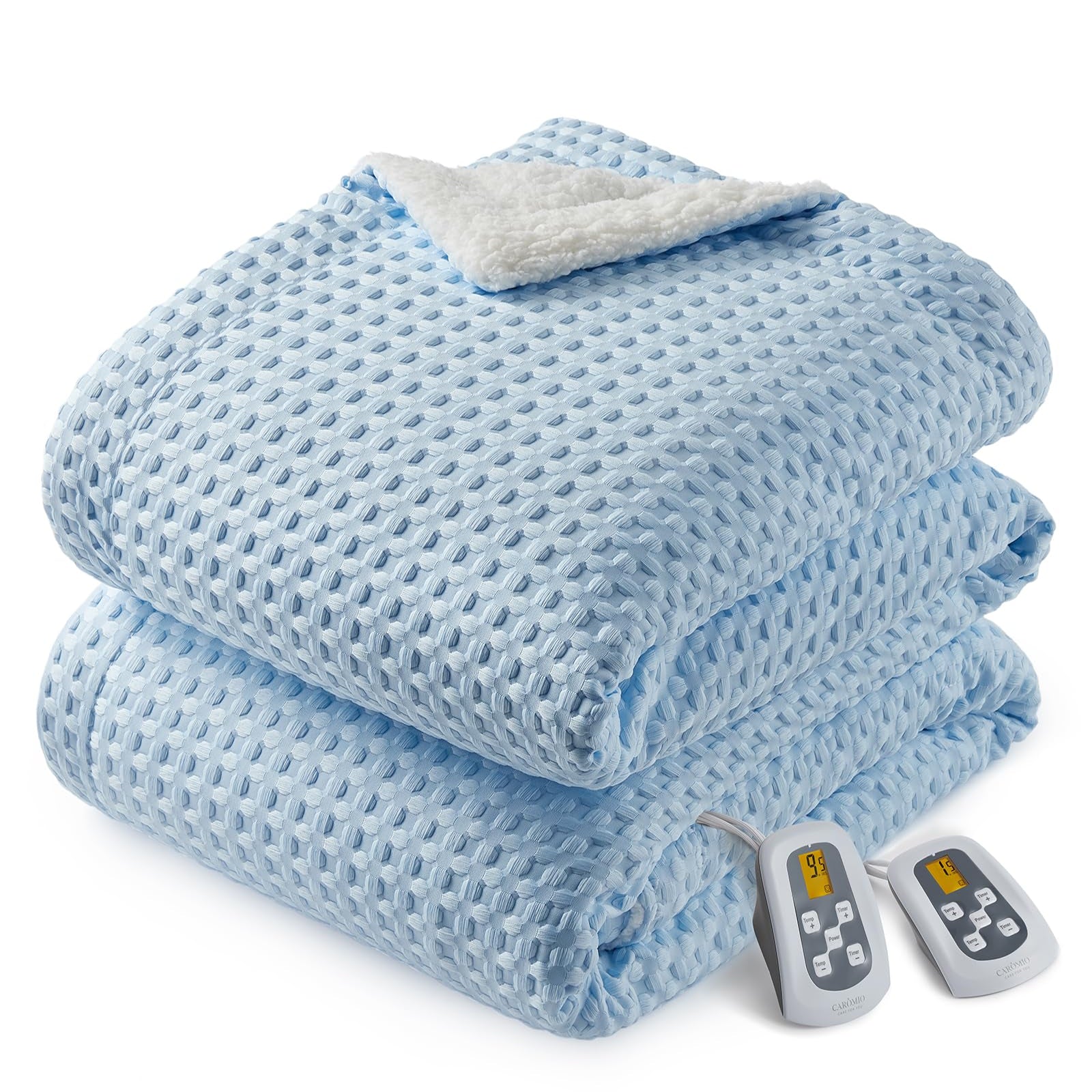 Garvee Heated Blanket King Size with LCD Dual Controller, Waffle Weave Fast Heating Electric Blankets, 10 Heat Levels & 1-12H Time Settings, ETL Certified, Machine Washable, Light Blue, 100" x 90"