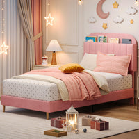Garvee Twin Bed Frame with Drawer, Velvet Upholstered Platform Bed Frame with Storage Headboard, No Box Spring Needed, Easy Assembly, Noise-Free, Pink