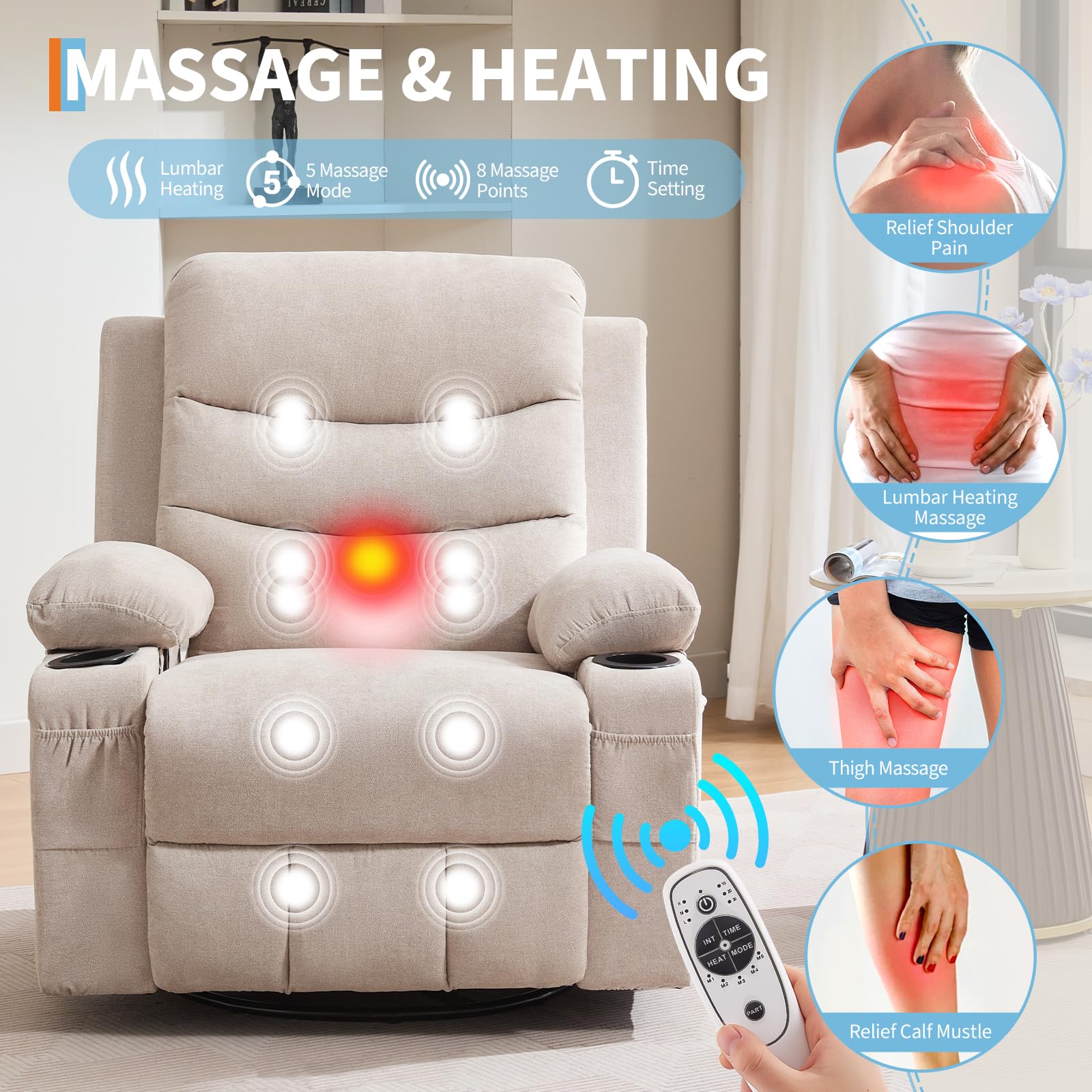 Garvee Swivel Recliner Chair, Oversize Recliners for Elderly with Heat and Massage, Cup Holders, Side Pocket, Single Sofa Seat for Living Room, Beige