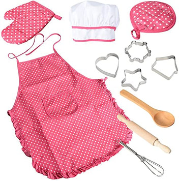 Garvee 11-Piece Kids Chef Pretend Kitchen Playset – Includes Rose Red Apron, Chef Hat, Cooking Mitt & Cookie Cutters – Fun Role Play & Baking Tools for Girls, Ideal Birthday & Christmas Gift (Color: System default_1)