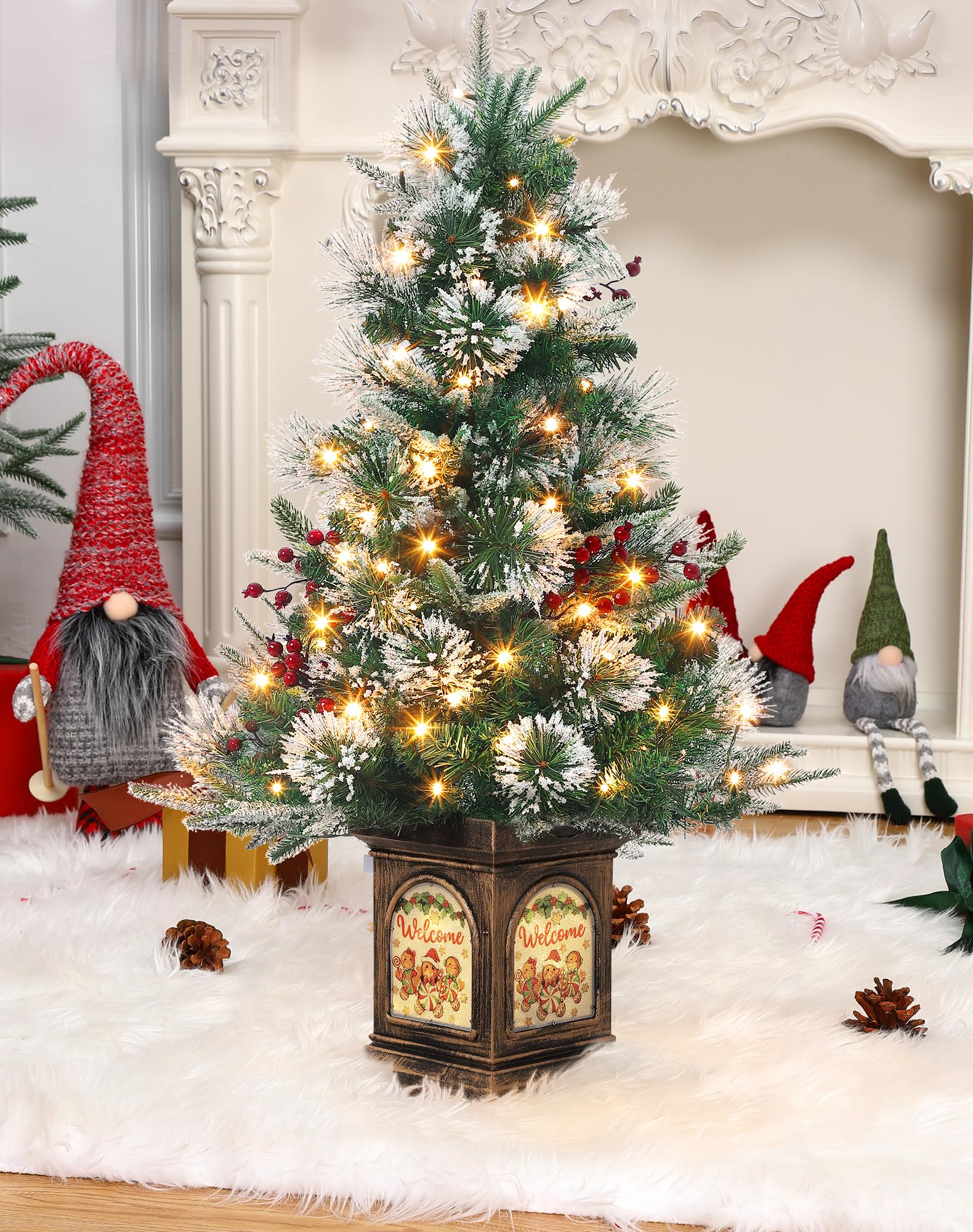 Garvee 3ft Small Christmas Tree, Pre Lit Snow Flocked Artificial Christmas Tree with 78 Warm White LED Lights, Premium Xmas Pine Tree for Christmas Decoration, Yard, Home, Office(2 PCS)