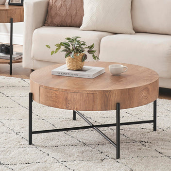 Garvee Farmhouse Round Coffee Table with Two Drawers, Living Room Wood Center Table with Metal Legs, Vintage Style, Easy Assembly, Brown