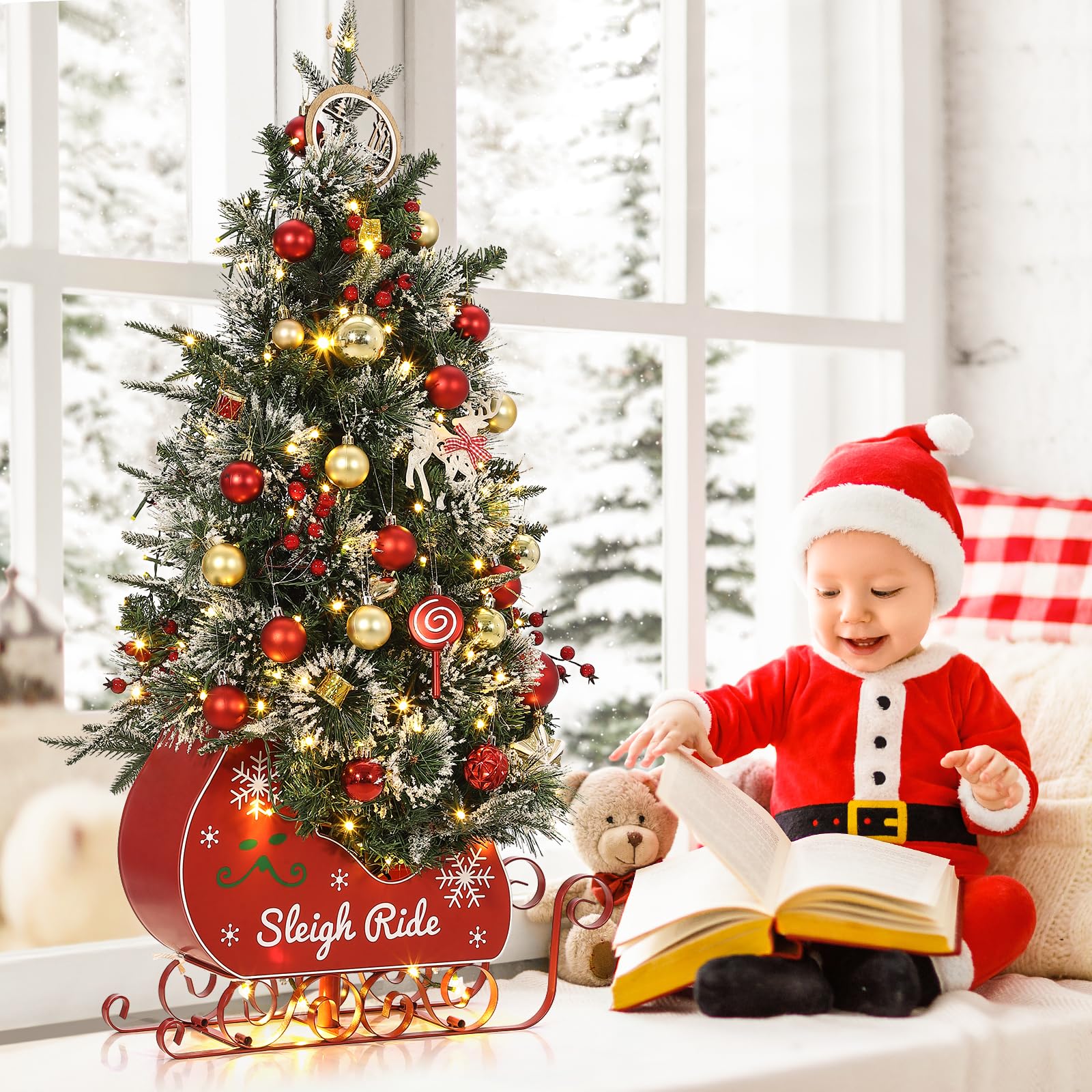 Garvee 3ft Christmas Tree with 78 Lights, Pre-Lit Artificial Desktop Xmas Tree with 8 Mode Includes Red Berries & Sleigh Base for Holiday Indoor DIY Christmas Decor, 2 PCS