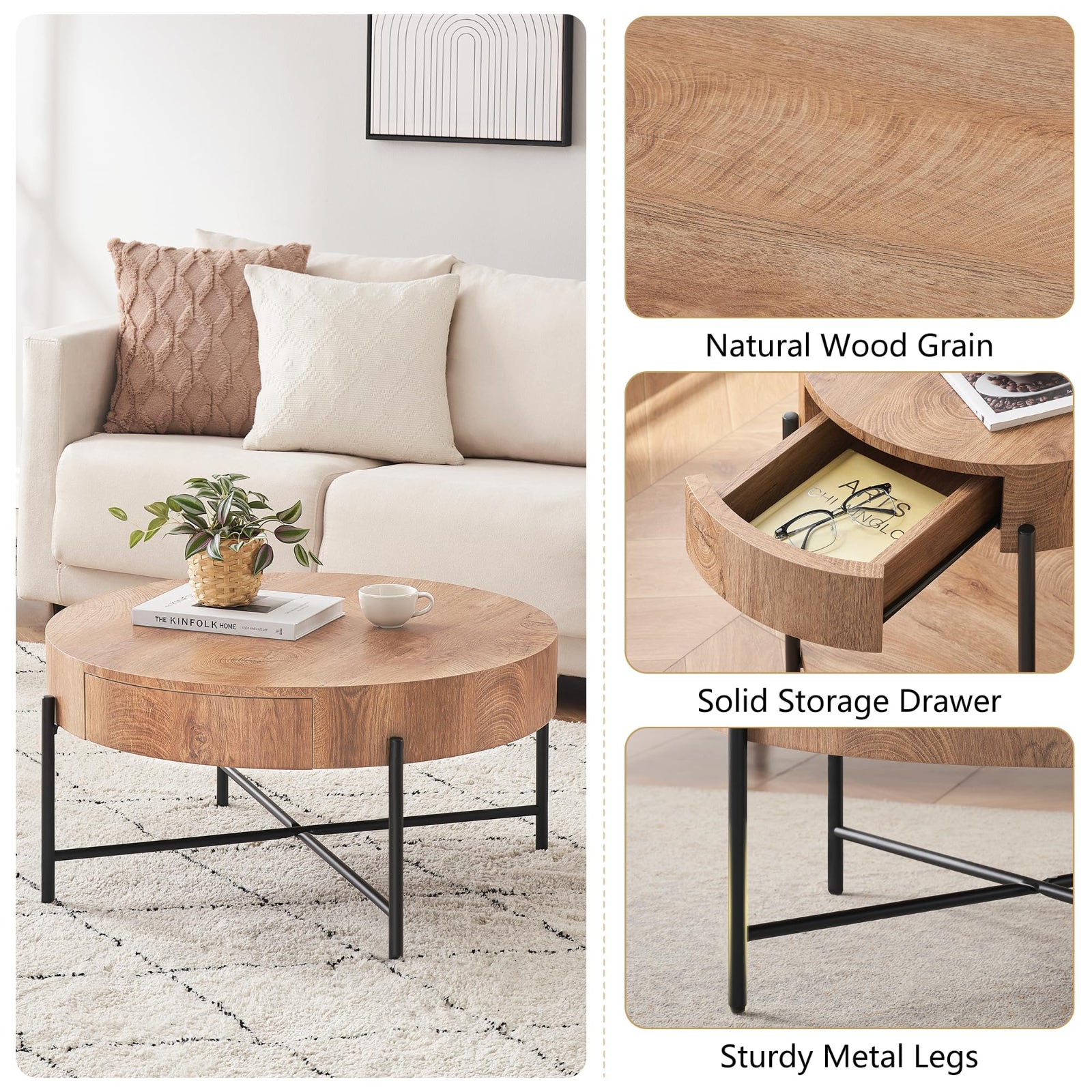 Garvee Farmhouse Round Coffee Table with Two Drawers, Living Room Wood Center Table with Metal Legs, Vintage Style, Easy Assembly, Brown