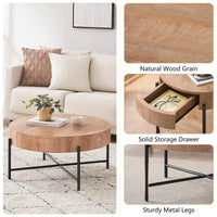 Garvee Farmhouse Round Coffee Table with Two Drawers, Living Room Wood Center Table with Metal Legs, Vintage Style, Easy Assembly, Brown