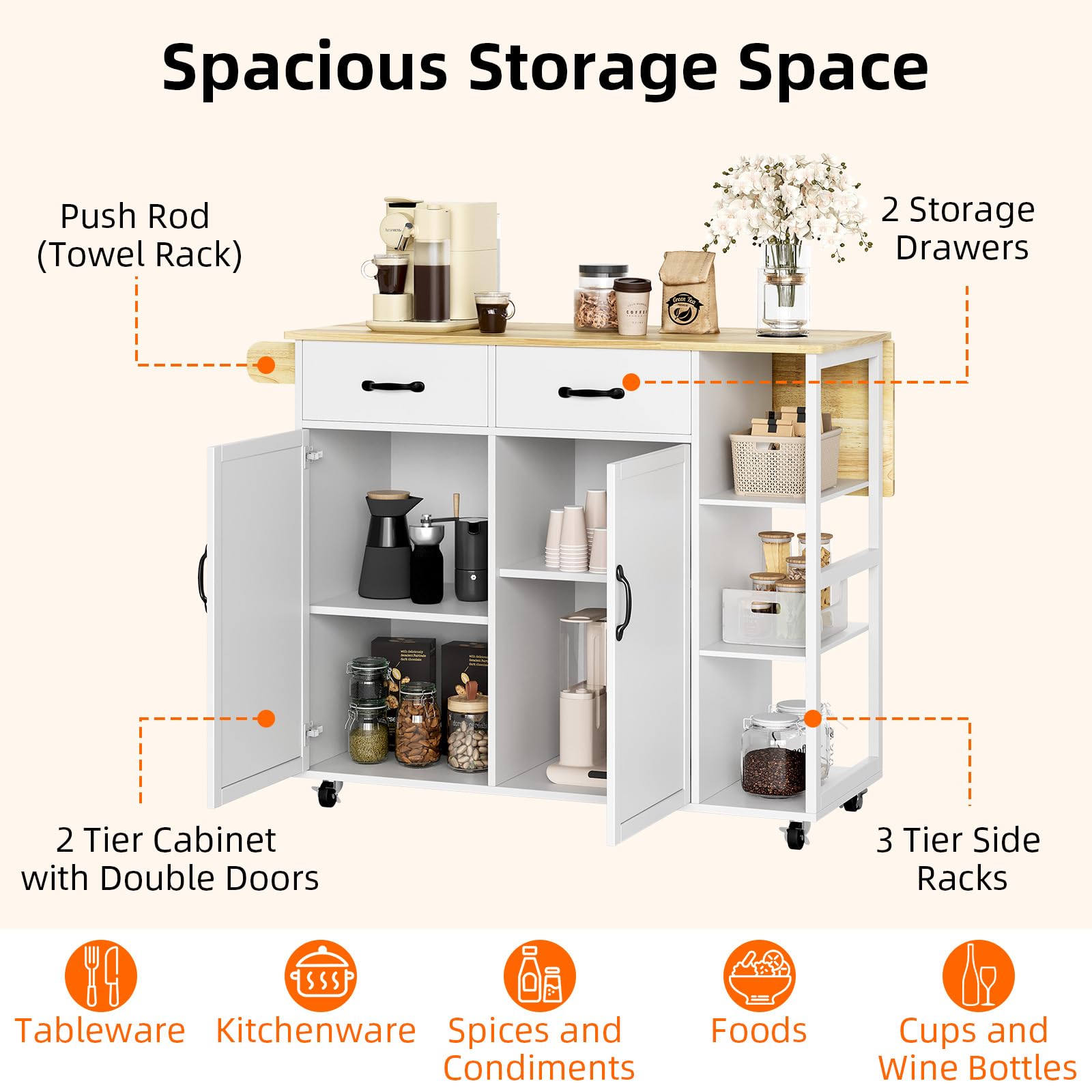 Garvee 43.12'' Wide Wood Top Kitchen Island Table with 2 Door Cabinets 2 Storage Drawers, Spice Rack Towel Rack, Wine Rack Kitchen Push Table with Folding Leaf Roller