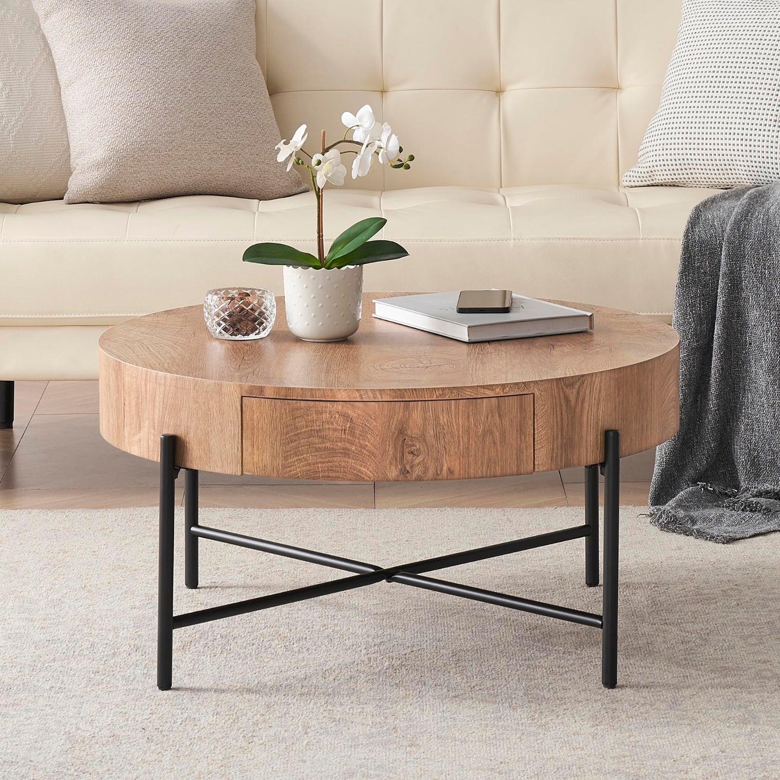 Garvee Farmhouse Round Coffee Table with Two Drawers, Living Room Wood Center Table with Metal Legs, Vintage Style, Easy Assembly, Brown