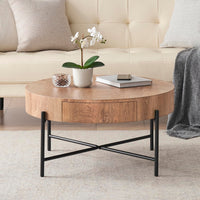 Garvee Farmhouse Round Coffee Table with Two Drawers, Living Room Wood Center Table with Metal Legs, Vintage Style, Easy Assembly, Brown
