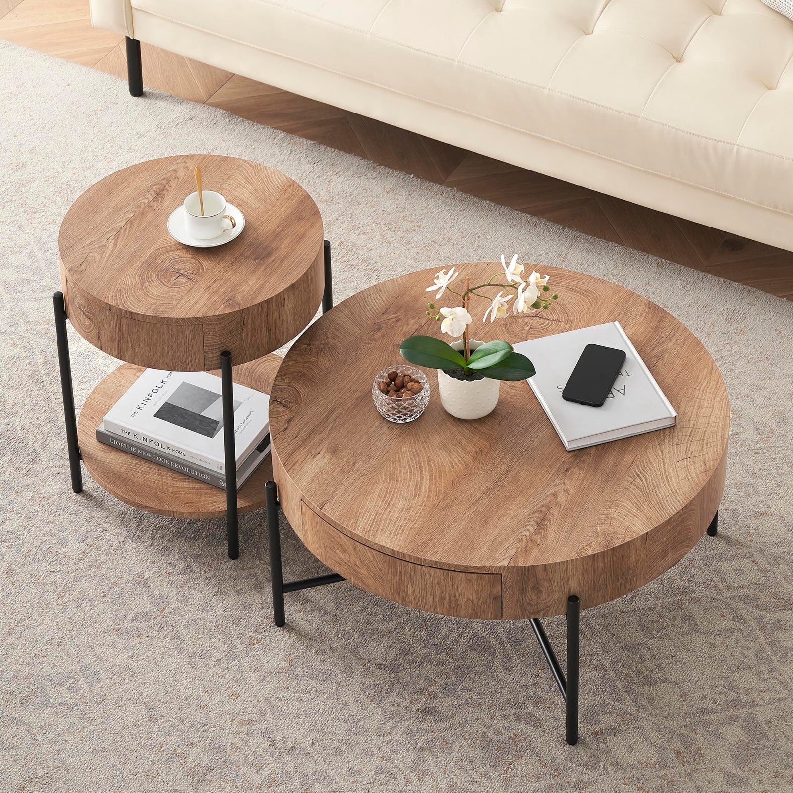 Garvee Farmhouse Round Coffee Table with Two Drawers, Living Room Wood Center Table with Metal Legs, Vintage Style, Easy Assembly, Brown
