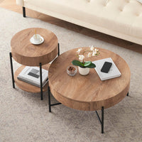 Garvee Farmhouse Round Coffee Table with Two Drawers, Living Room Wood Center Table with Metal Legs, Vintage Style, Easy Assembly, Brown