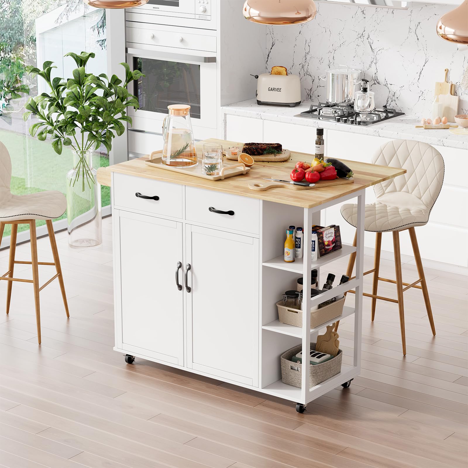 Garvee 43.12'' Wide Wood Top Kitchen Island Table with 2 Door Cabinets 2 Storage Drawers, Spice Rack Towel Rack, Wine Rack Kitchen Push Table with Folding Leaf Roller