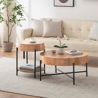 Garvee Farmhouse Round Coffee Table with Two Drawers, Living Room Wood Center Table with Metal Legs, Vintage Style, Easy Assembly, Brown