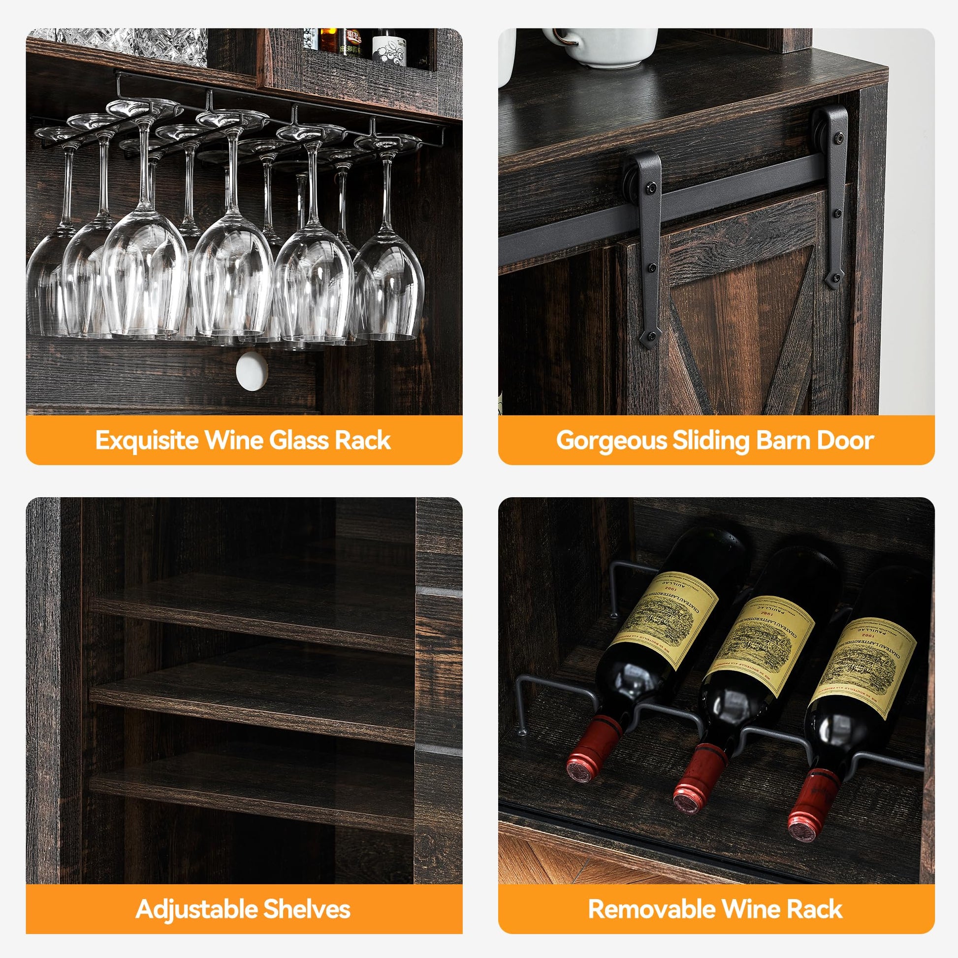 Garvee 70'' Wine Coffee Bar Cabinet with Storage Hutch, Tall Kitchen Pantry Liquor Cabinet with Sliding Barn Doors, Bottle Glasses Rack, Farmhouse Buffet for Home Dining Room, Oak