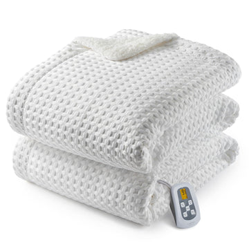 Garvee Heated Blanket Twin Size, Waffle Weave Electric Throw Blanket Fast Heating with LCD Controller, 10 Heat Levels & 1-12H Time Settings Auto Off, ETL Certified, Off White, 62" x 84"