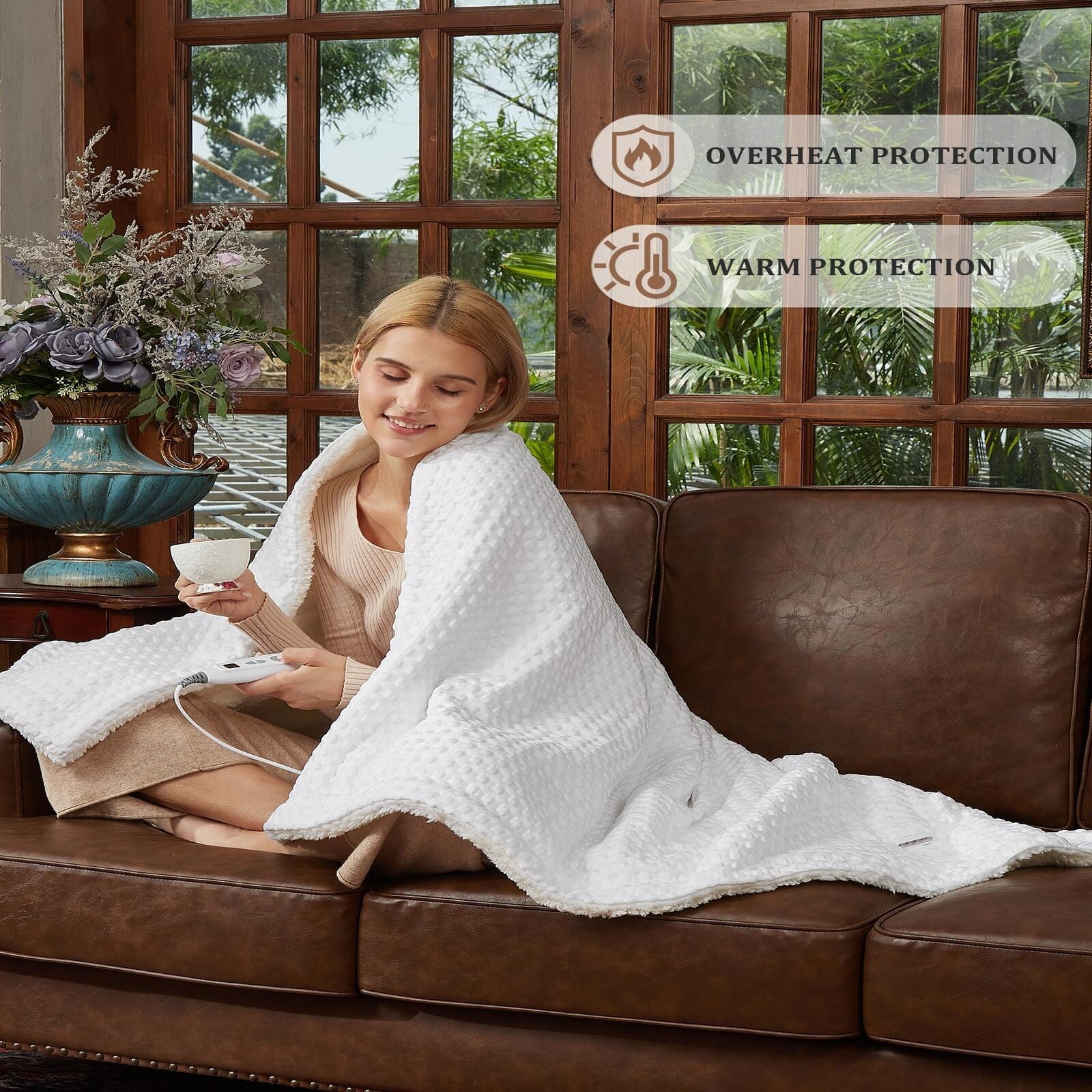 Garvee Heated Blanket Twin Size, Waffle Weave Electric Throw Blanket Fast Heating with LCD Controller, 10 Heat Levels & 1-12H Time Settings Auto Off, ETL Certified, Off White, 62" x 84"