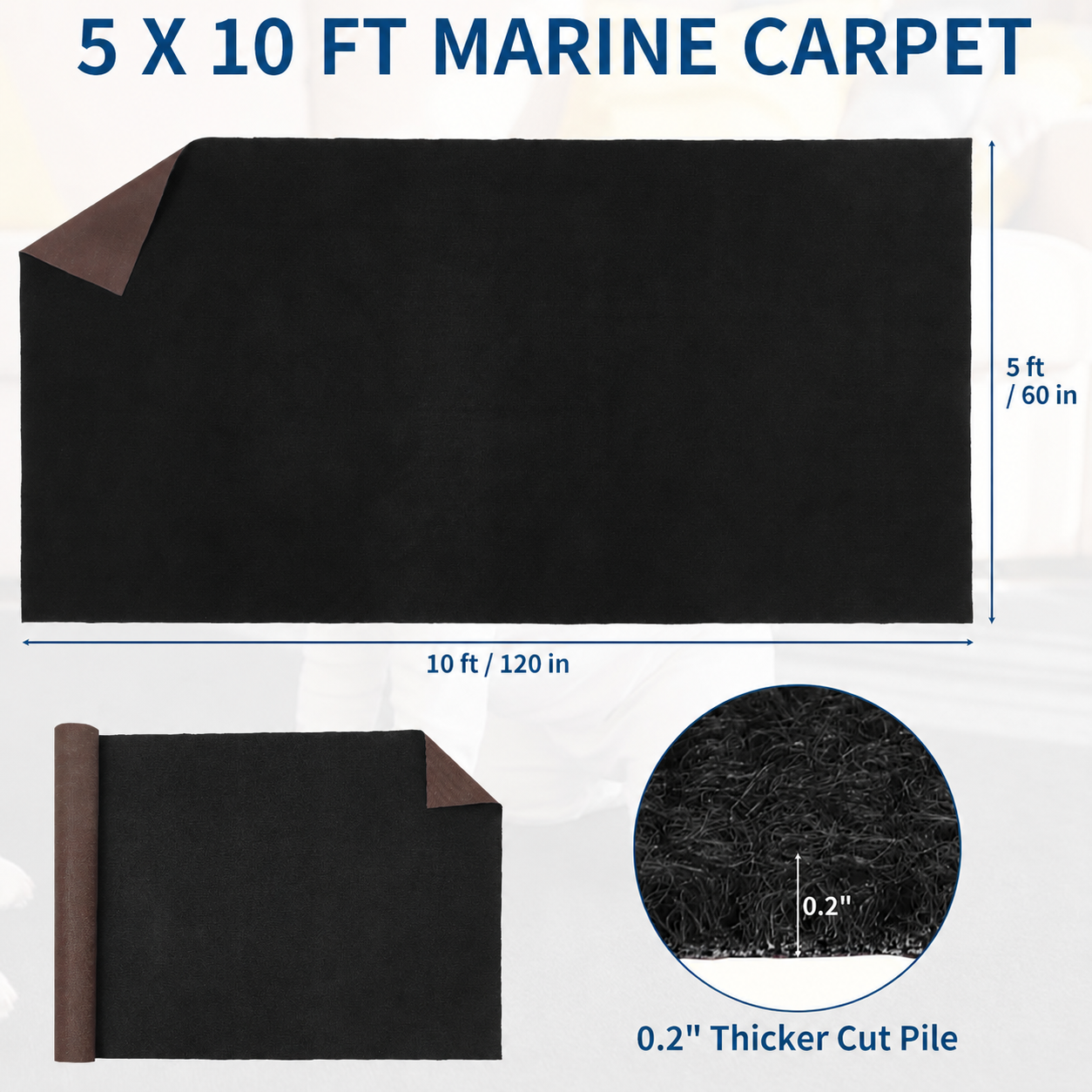Garvee Marine Carpet, 5x10 ft Waterproof Boat Carpet with Non-Slip TPE Backing, 0.2” Thick Indoor Outdoor Marine Carpet Roll for Patio, Deck, Porch, RV, Yacht