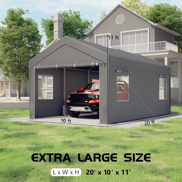 Garvee 10' x 20' Heavy-Duty Carport Canopy, Portable Garage Shelter with 200G Waterproof PE Cover, 0.8mm Steel Frame for Trucks, Boats & SUVs, Gray