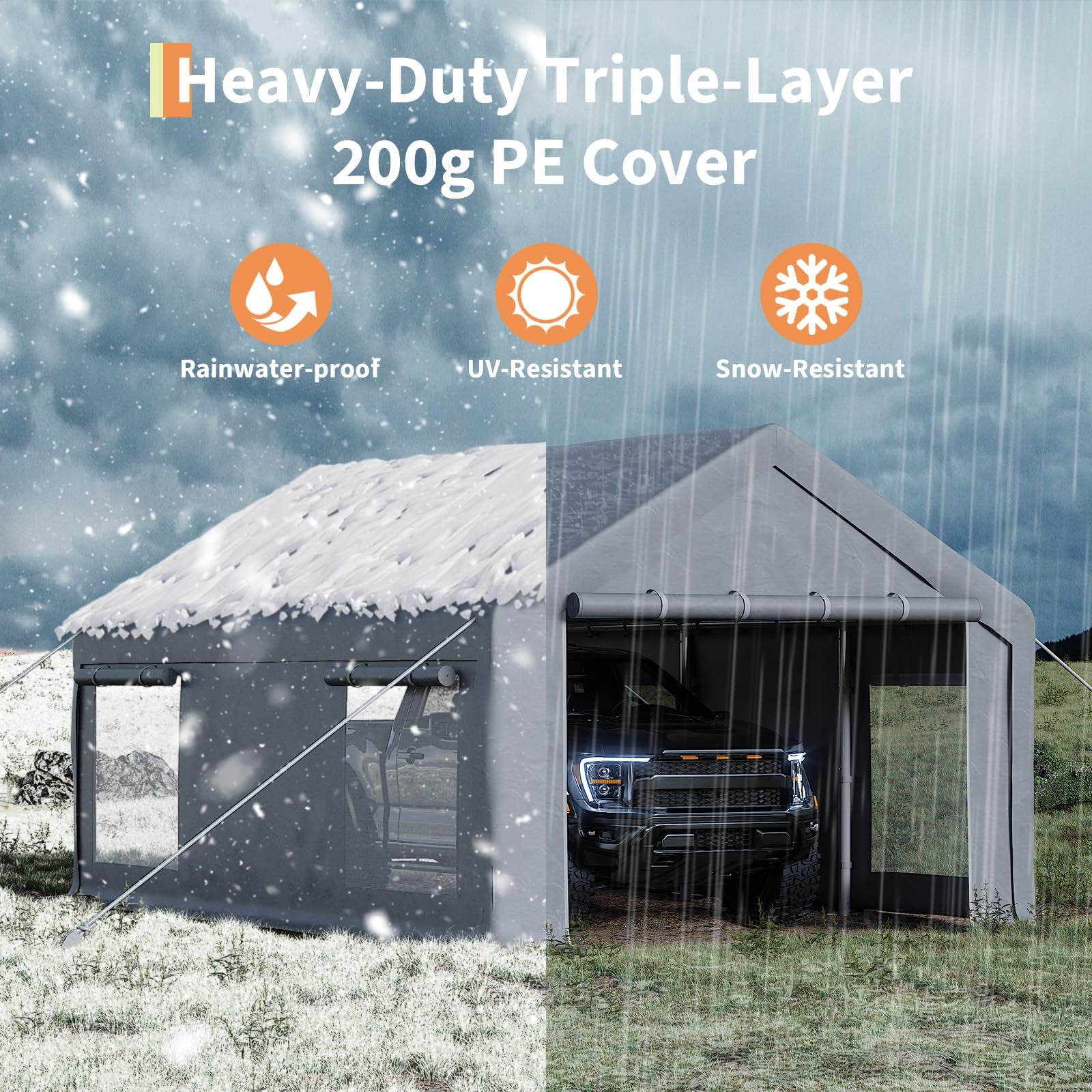 Garvee 10' x 20' Heavy-Duty Carport Canopy, Portable Garage Shelter with 200G Waterproof PE Cover, 0.8mm Steel Frame for Trucks, Boats & SUVs, Gray