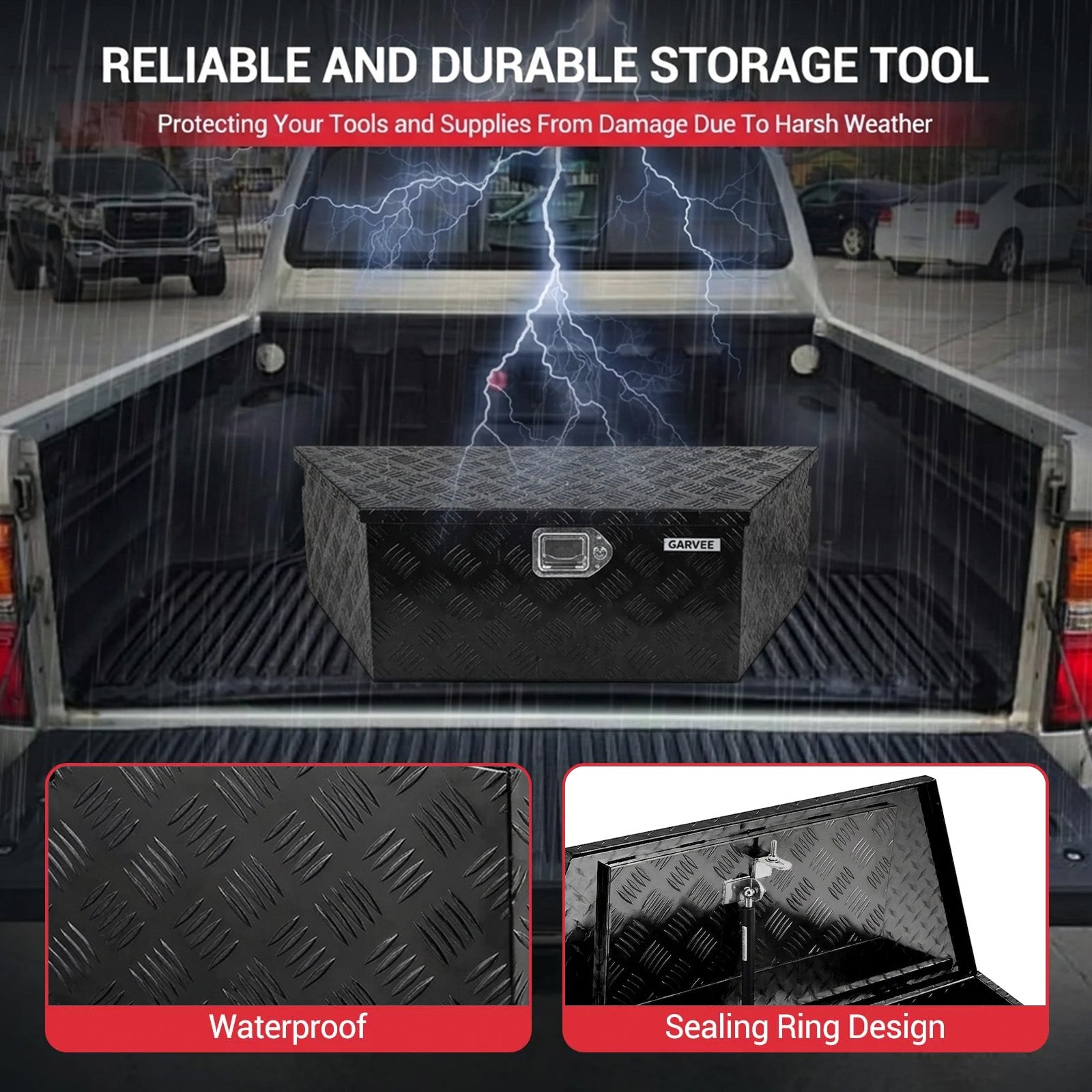 Garvee 33Inch Trailer Tongue Boxes,Heavy Duty Aluminum Trailer Tool Box With Lock and Keys,Diamond Plate Storage Box,Waterproof Trailer Box for Pick Up Truck Bed,RV Trailer,Black