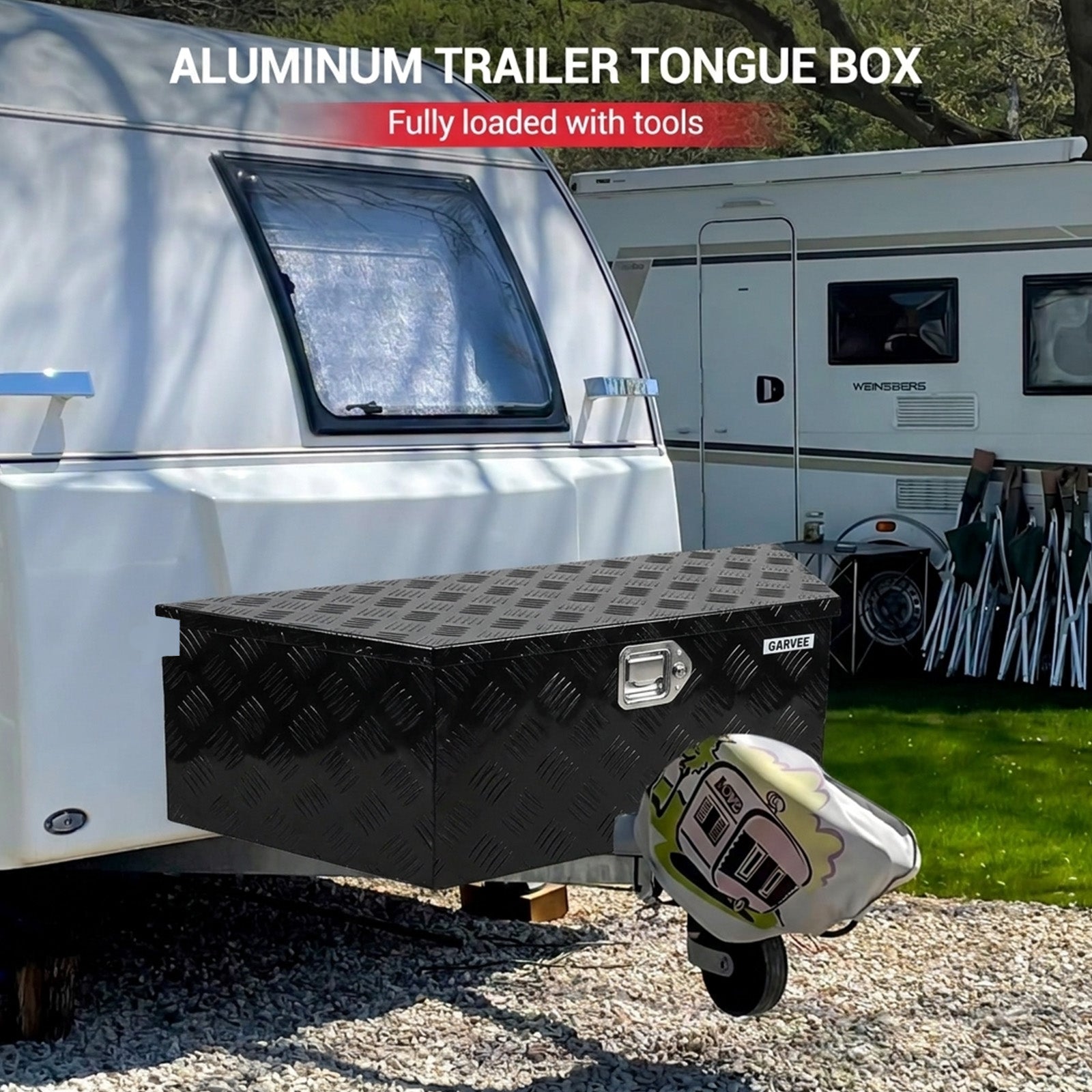 Garvee 33Inch Trailer Tongue Boxes,Heavy Duty Aluminum Trailer Tool Box With Lock and Keys,Diamond Plate Storage Box,Waterproof Trailer Box for Pick Up Truck Bed,RV Trailer,Black