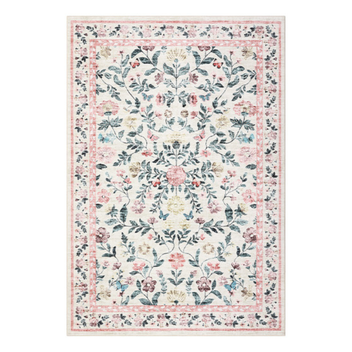Garvee Washable Rug 5 x 7, Low Pile Farmhouse Floral Carpet, Non-Slip Soft Vintage Throw Rug, Non-Shedding Indoor Foldable Printed Rugs for Bedroom Dining Room Kitchen, Pink