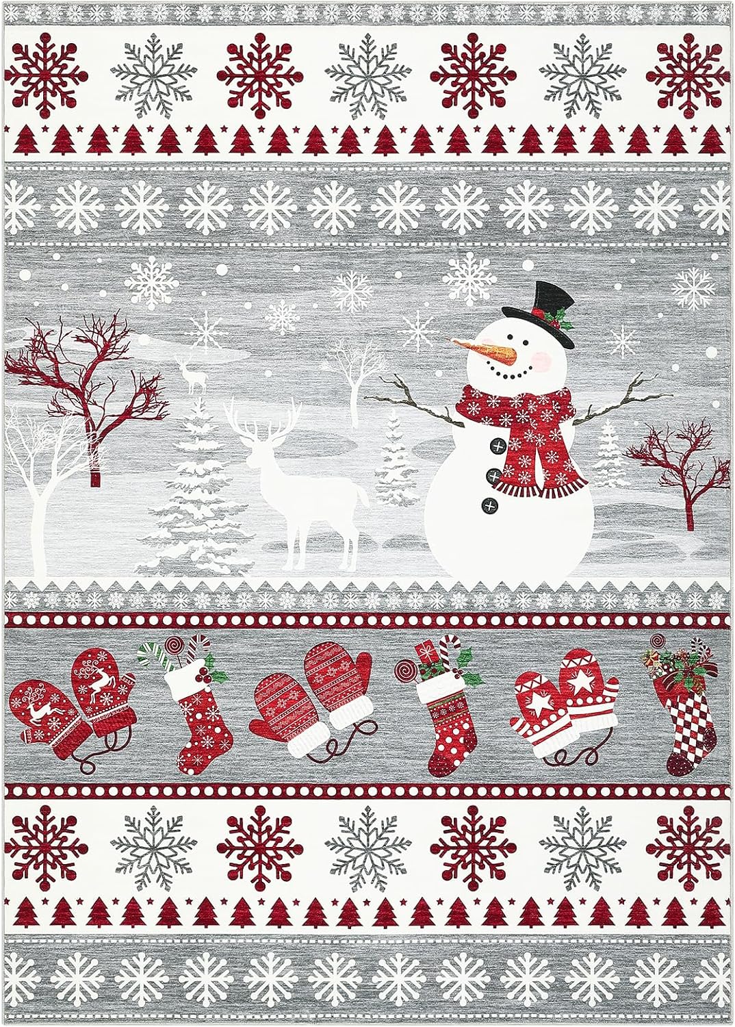 Garvee Area Rug 8x10 Christmas Snowflake Rug for Living Room, Thin Washable Carpet with Non Slip Rubber Backing, Low Pile Non Shedding Printed Mat, Soft Foldable Floor Covering for Bedroom, Grey