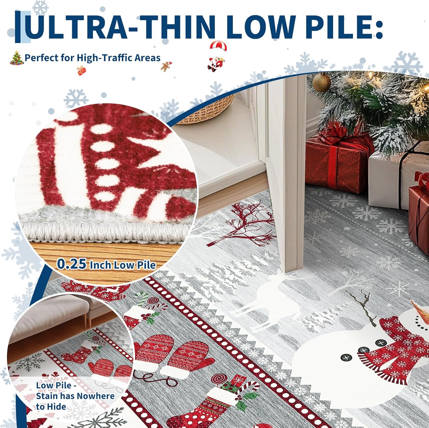Garvee Christmas Runner Rug 2x6 Washable Hallway Runner Non Slip, Holiday Santa & Reindeer Accent Rug, Low Pile Non Shedding Printed Kitchen Mat, Soft Thin Foldable Carpet for Bedside, Grey