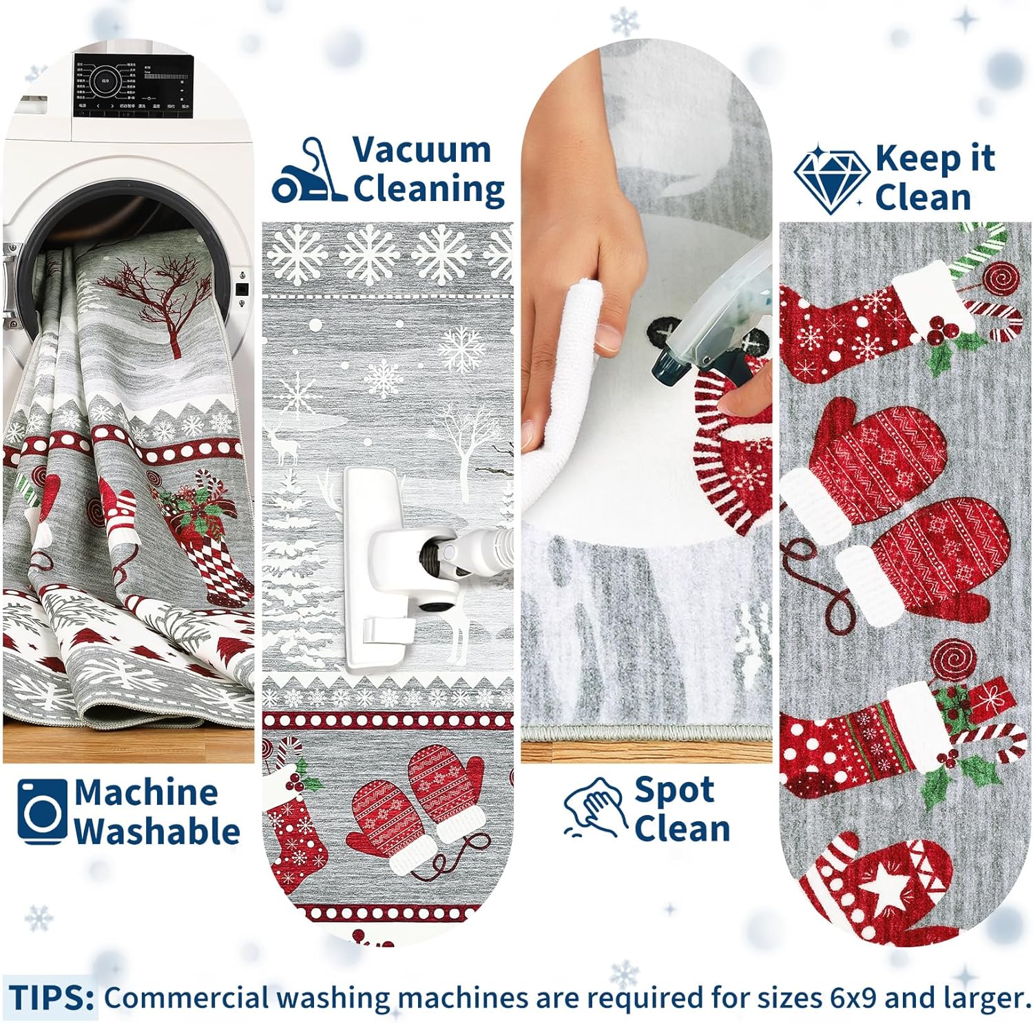 Garvee Christmas Runner Rug 2x6 Washable Hallway Runner Non Slip, Holiday Santa & Reindeer Accent Rug, Low Pile Non Shedding Printed Kitchen Mat, Soft Thin Foldable Carpet for Bedside, Grey
