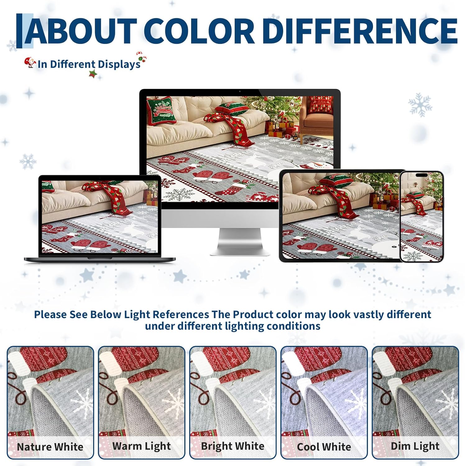 Garvee Christmas Runner Rug 2x6 Washable Hallway Runner Non Slip, Holiday Santa & Reindeer Accent Rug, Low Pile Non Shedding Printed Kitchen Mat, Soft Thin Foldable Carpet for Bedside, Grey