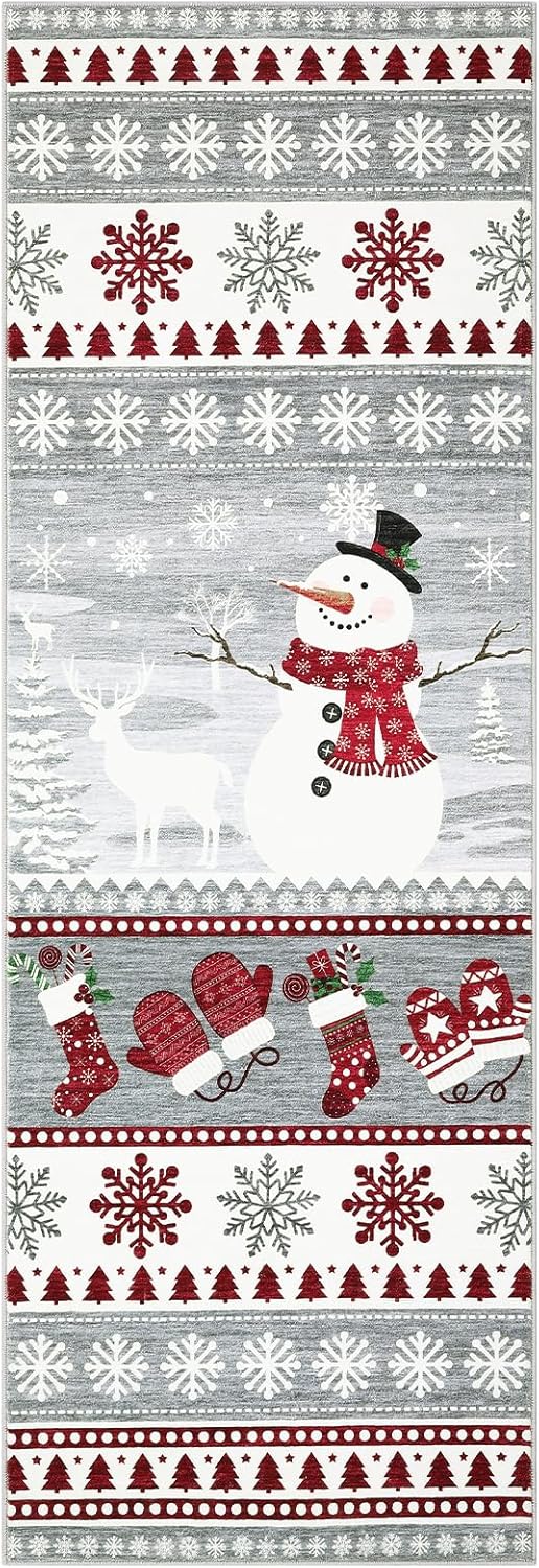 Garvee Christmas Runner Rug 2x6 Washable Hallway Runner Non Slip, Holiday Santa & Reindeer Accent Rug, Low Pile Non Shedding Printed Kitchen Mat, Soft Thin Foldable Carpet for Bedside, Grey