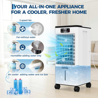 Garvee Evaporative Cooler, 7L (1.84Gal) Portable Air Conditioner Fan with TOUCH SCREEN & Remote Control, 3 Speeds & 3 Modes, LED Display, Ice Packs & Casters Included, for Bedroom, Office, Home