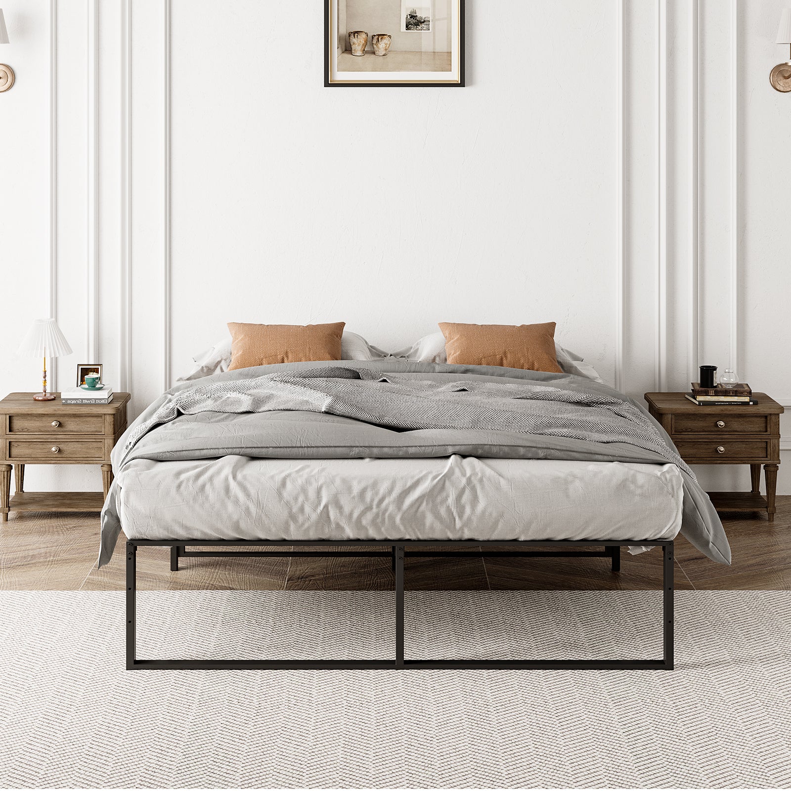 Garvee 13.9 Inch Full Size Metal Bed Frame Heavy Duty Metal Platform with Steel Slat Support with Metal King Bed Platform with Wooden Headboard and Footboard Noise Free No Box Spring Needed