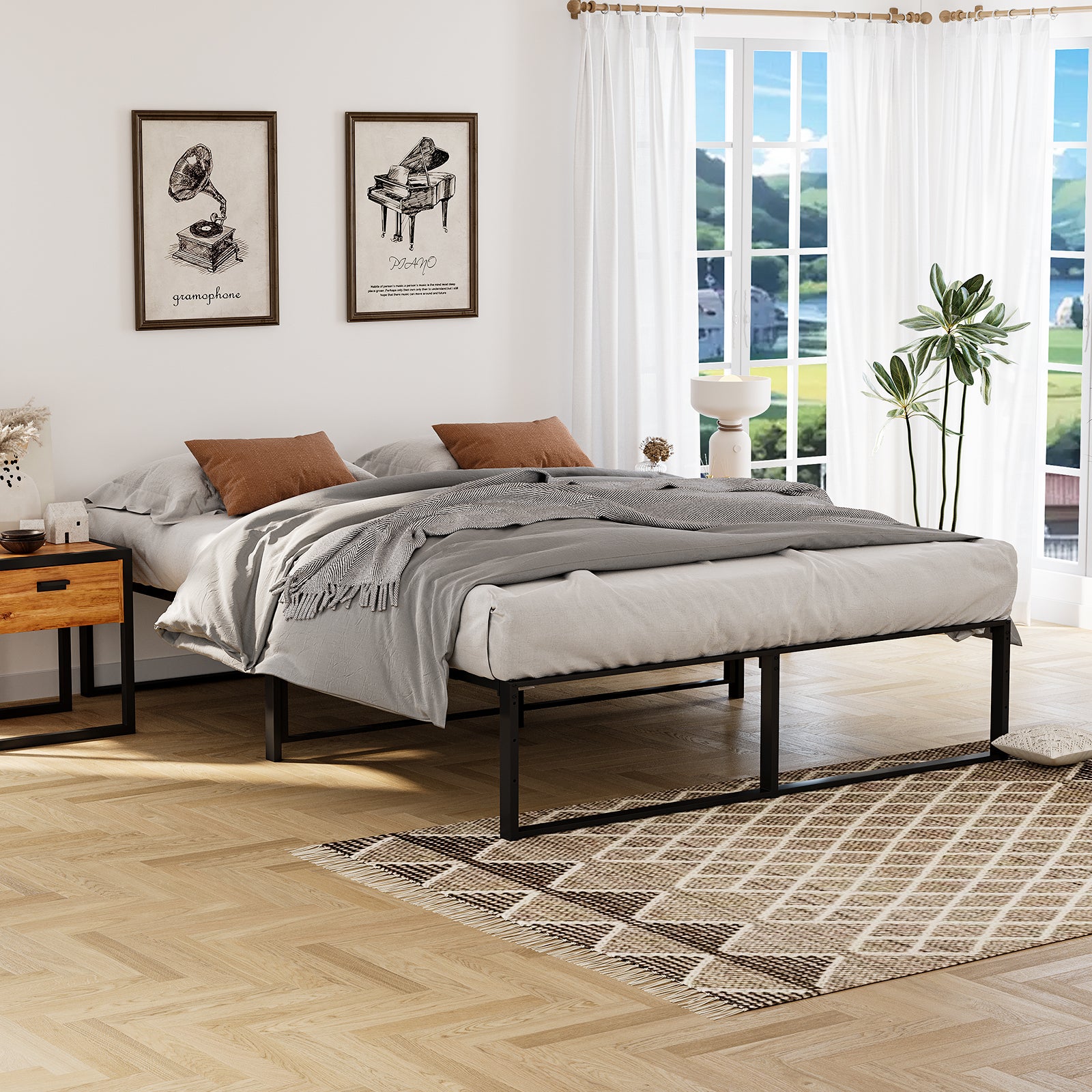 Garvee 13.9 Inch Full Size Metal Bed Frame Heavy Duty Metal Platform with Steel Slat Support with Metal King Bed Platform with Wooden Headboard and Footboard Noise Free No Box Spring Needed
