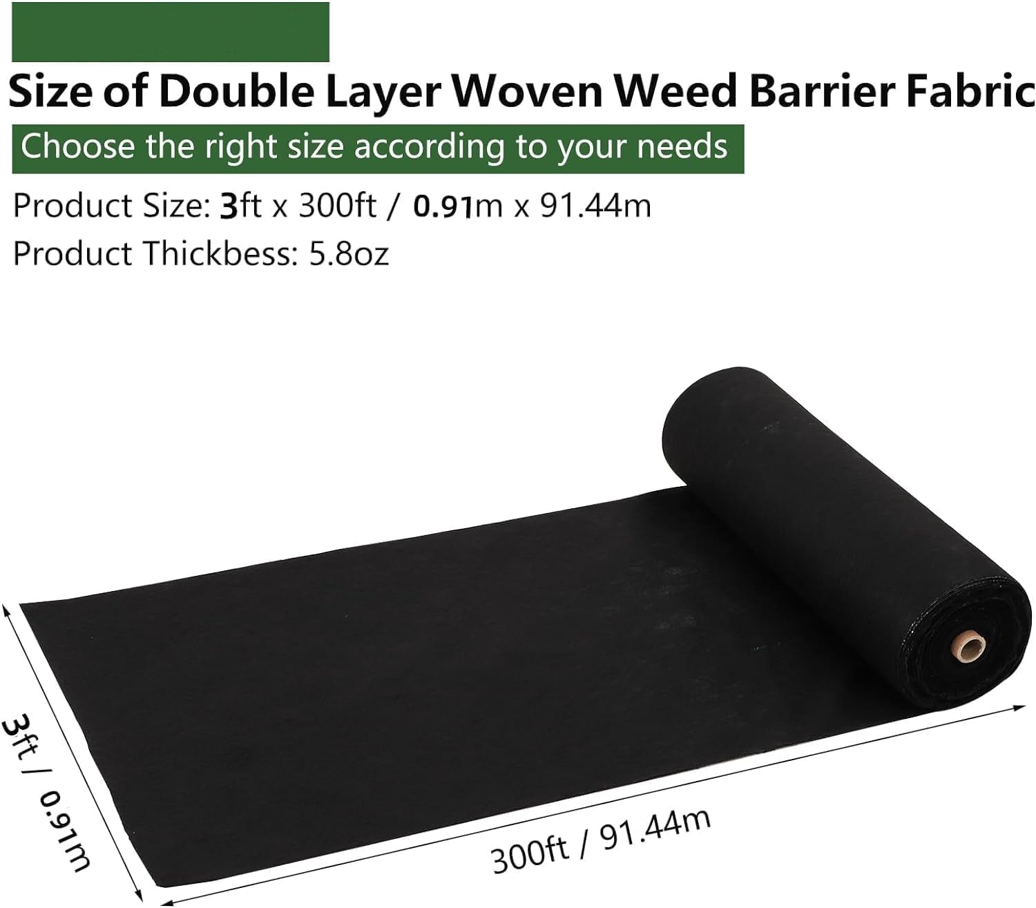 Garvee 3'x300' 5.8oz Double Layer Woven Weed Barrier Fabric - Heavy Duty for Gardens, Driveways & Commercial Landscaping