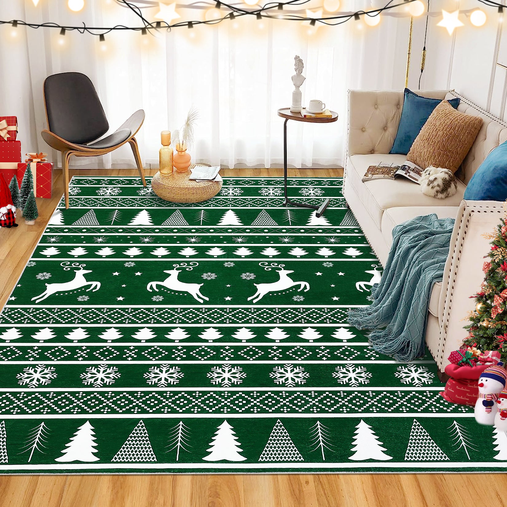 Garvee Washable Rug 8x10 Area Rug for Bedroom Modern Christmas Rug Deer Living Room Rug Non Slip Carpet Soft Stain Resistant Large Area Rug for Holiday Dining Room Classroom 8'x10' Green