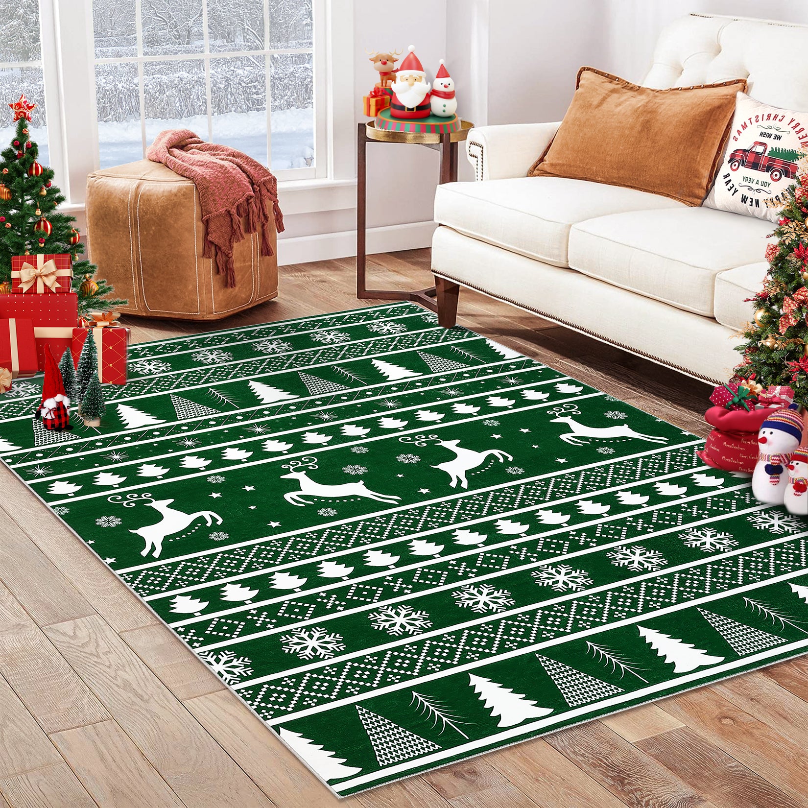 Garvee Washable Rug 9x12 Area Rug for Bedroom Modern Christmas Rug Deer Tree Snowflake Rugs for Living Room Non Slip Carpet Soft Stain Resistant Large Area Rug for Dining Room Nursery