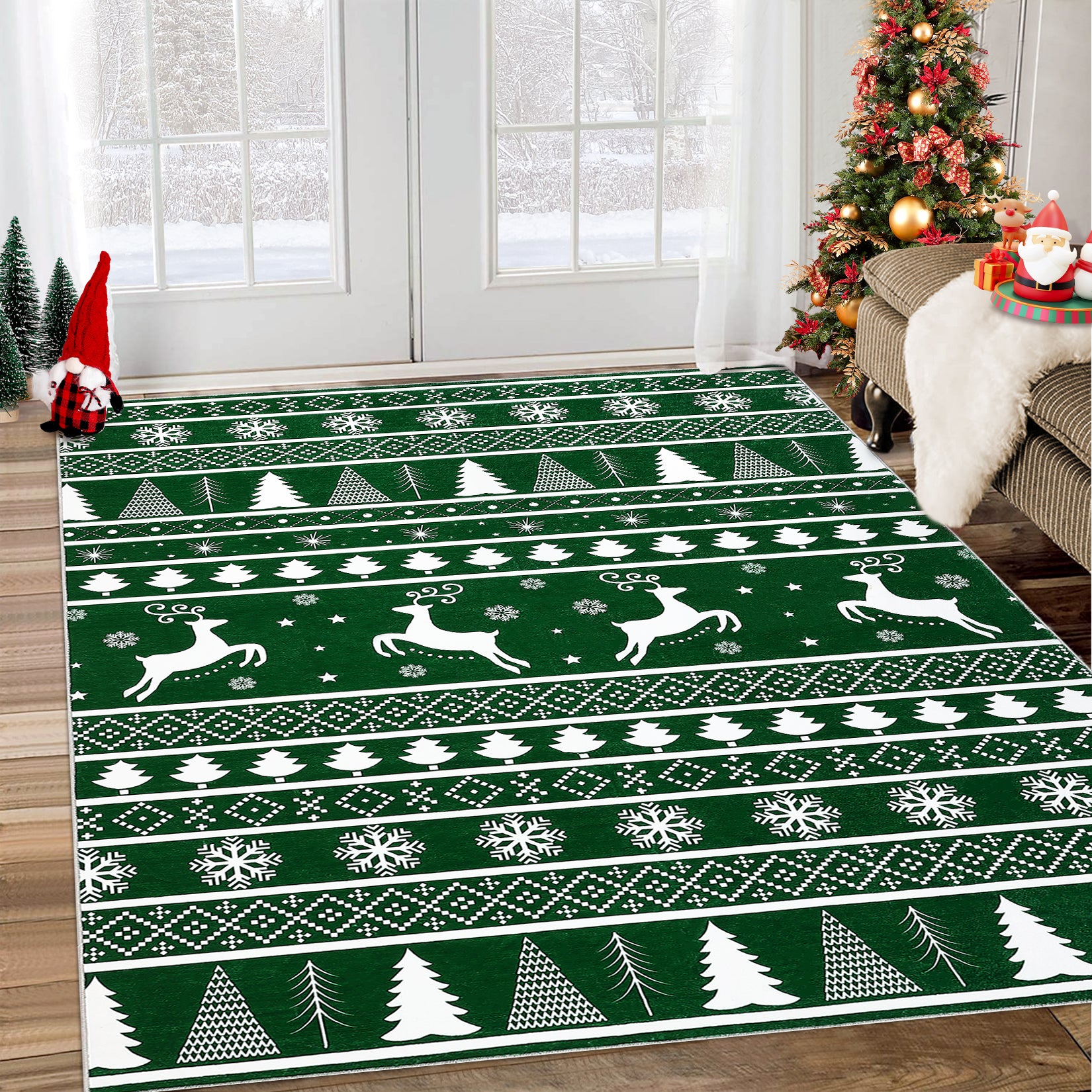 Garvee Washable Area Rug 5x7 Rug for Living Room Christmas Rug Non Slip Xmas Deer Tree Green Rug for Bedroom Aesthetic Soft Low Pile Carpet Stain Resistant Carpet for Dining Room 5'x7' Green