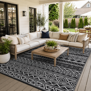 Garvee Outdoor Black & White 6x9 Rug, Waterproof Patio Rug Mat Geometric Rug Plastic Straw Outside Rug for RV Camping Picnic Reversible Rug Modern Clearance for Deck, Beach