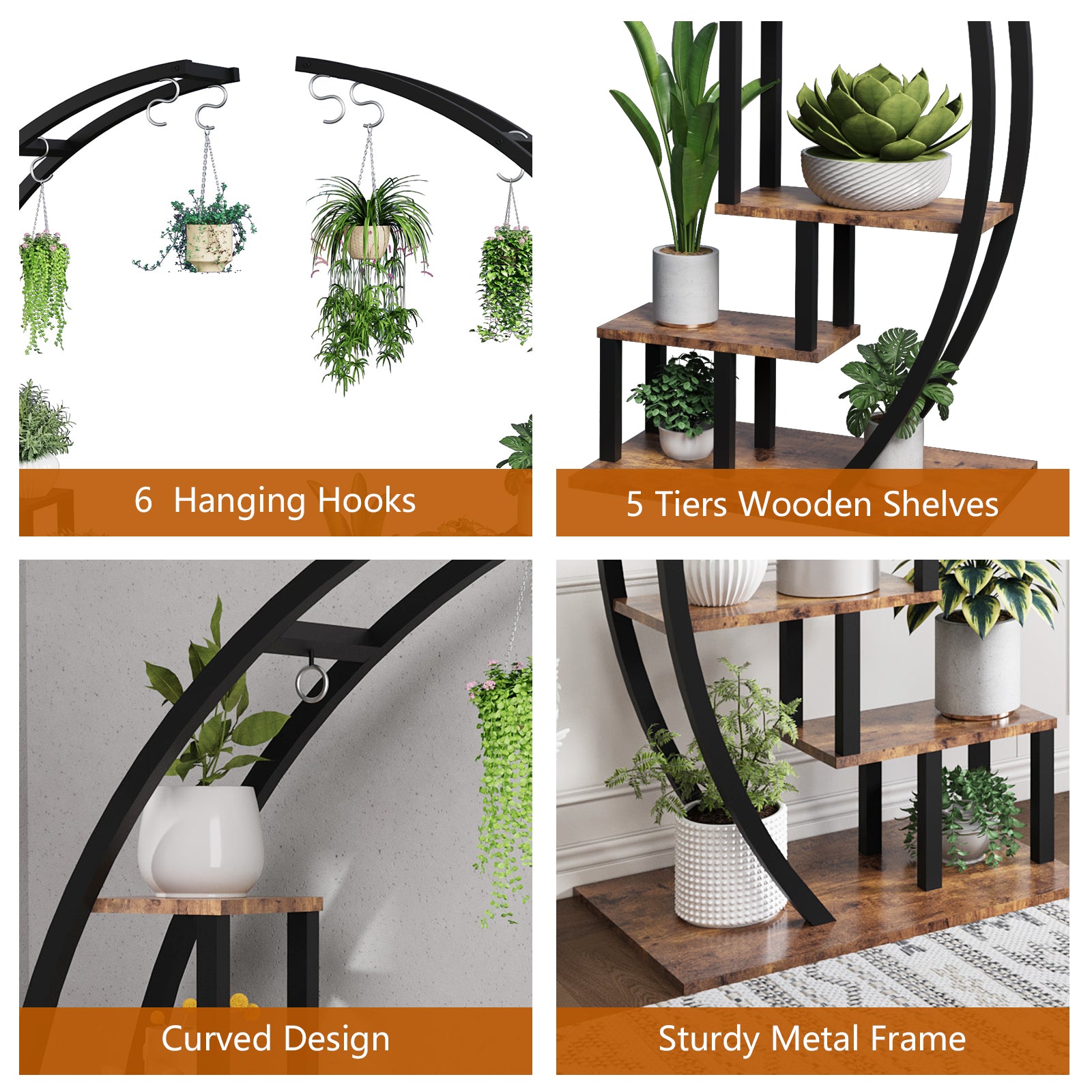 Garvee 2-Pack 5-Tier Half Moon Plant Stand, Curved Ladder Flower Pot Display Rack with Hanging, Powder-Coated Steel & MDF, Indoor/Outdoor, Brown