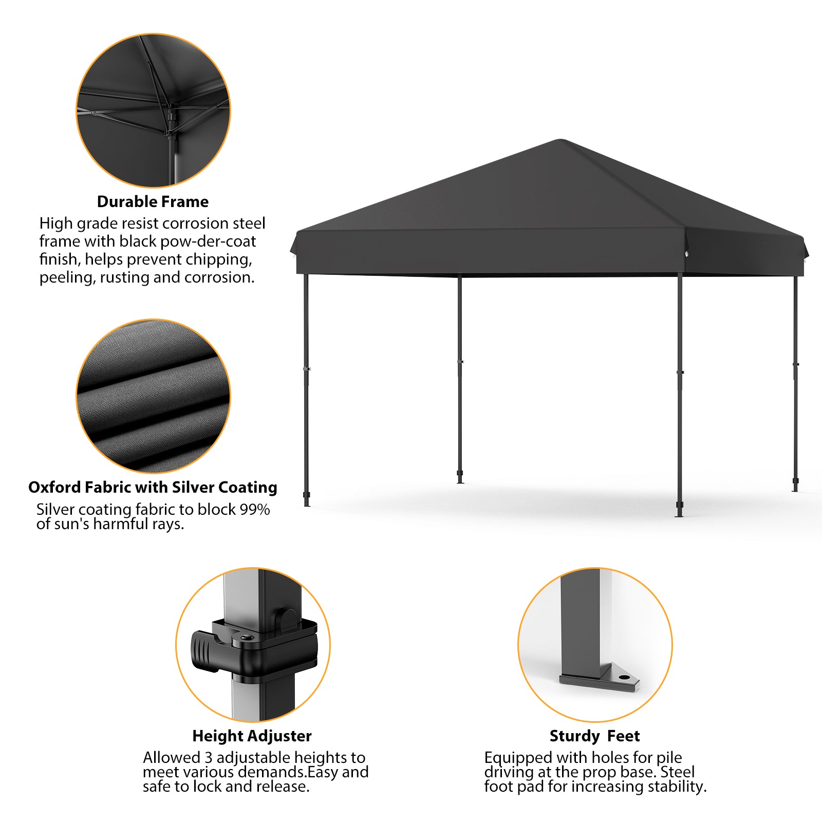 Garvee 10'x10' Pop-Up Canopy Tent - Easy One-Person Setup Portable Shelter with 4 Stakes, 4 Ropes & 4 Sandbags for Patio & Outdoor Activities, Black