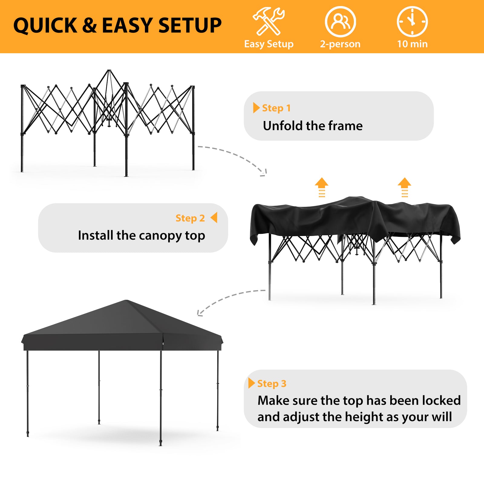 Garvee 10'x10' Pop-Up Canopy Tent - Easy One-Person Setup Portable Shelter with 4 Stakes, 4 Ropes & 4 Sandbags for Patio & Outdoor Activities, Black